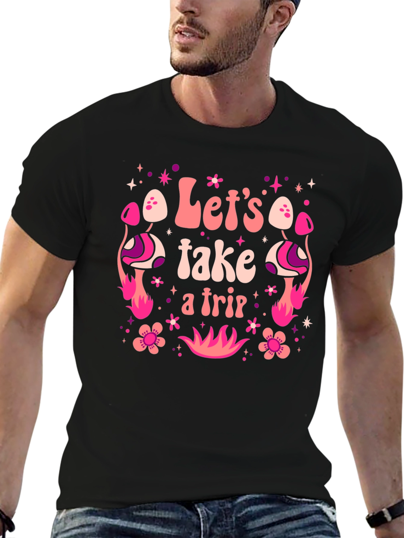 Black Let's Take A Trip Graphic Tee - Retro Psychedelic Design view 6