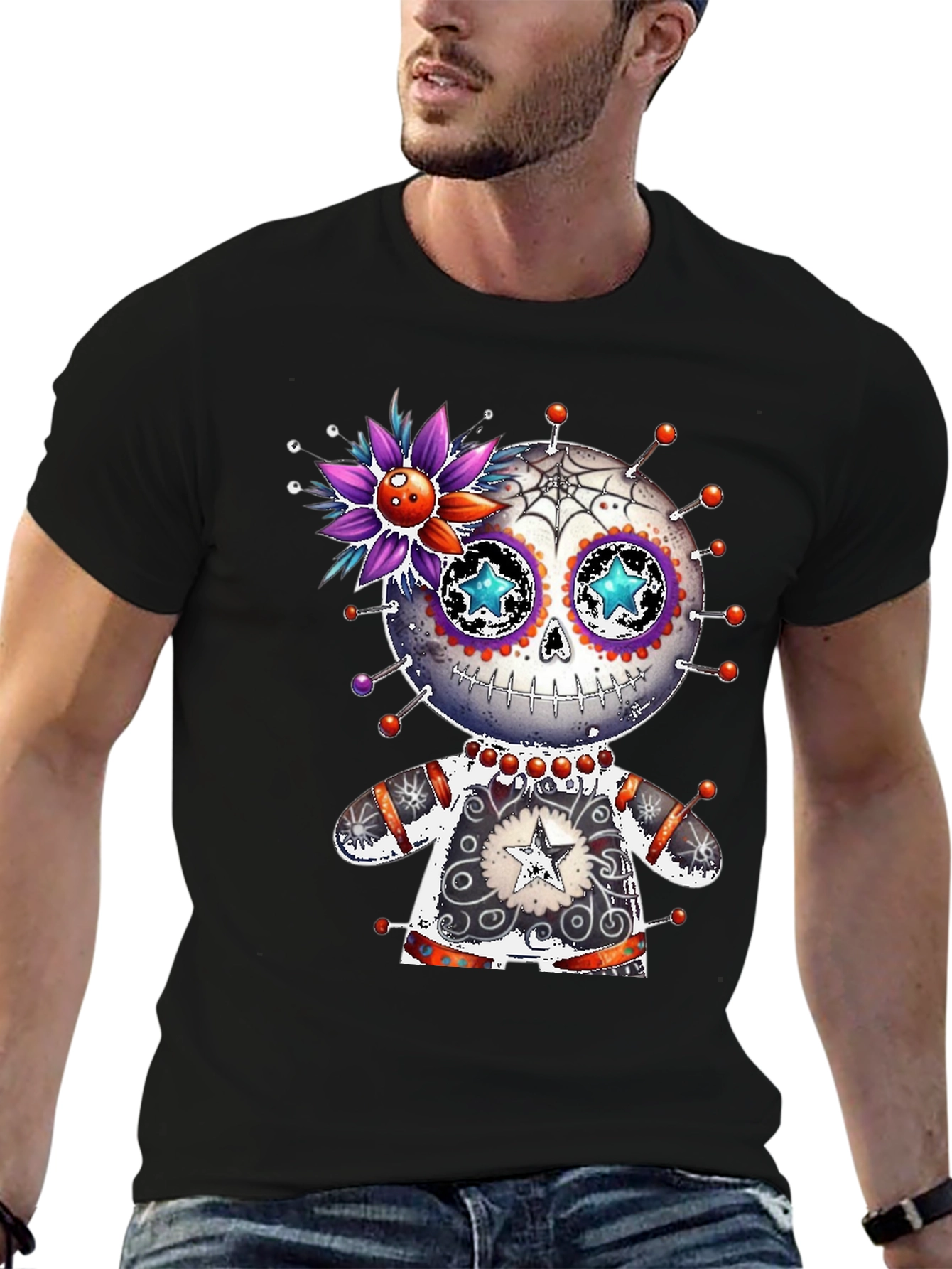 Black Sugar Skull Voodoo Doll T-Shirt view 6
