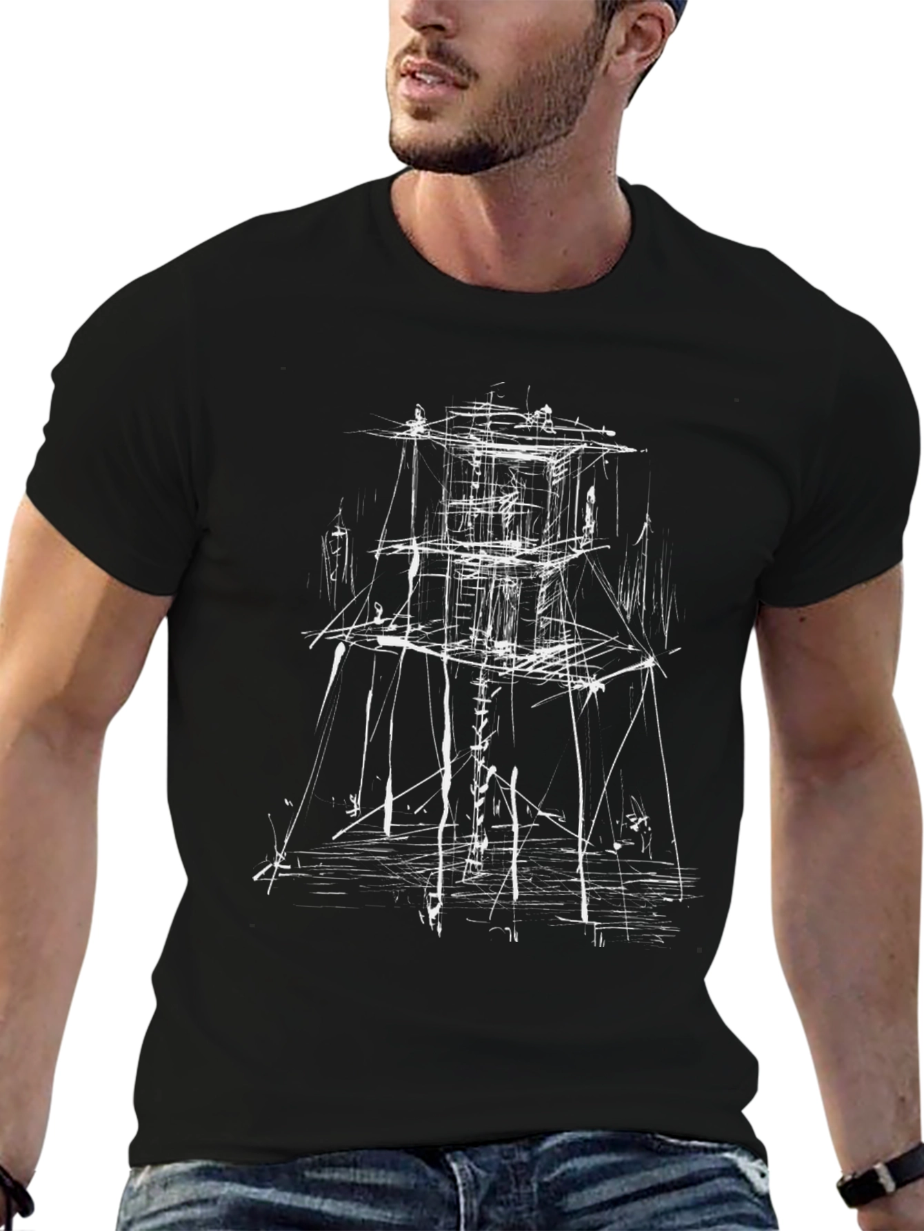 Black Abstract Structure Graphic Tee - Black Cotton Blend view 6