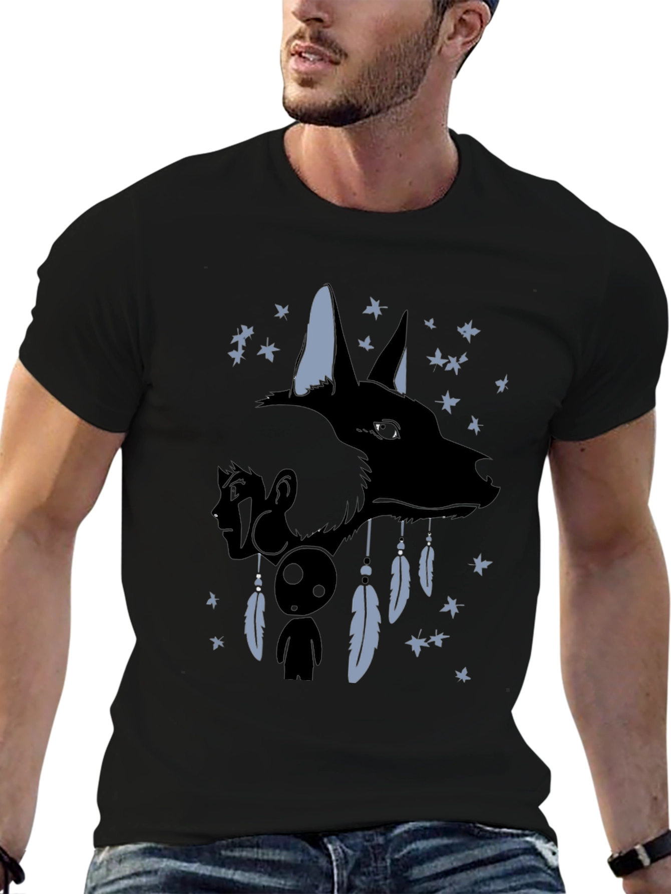 Black Anime Wolf Dreamcatcher Graphic T-Shirt view 6