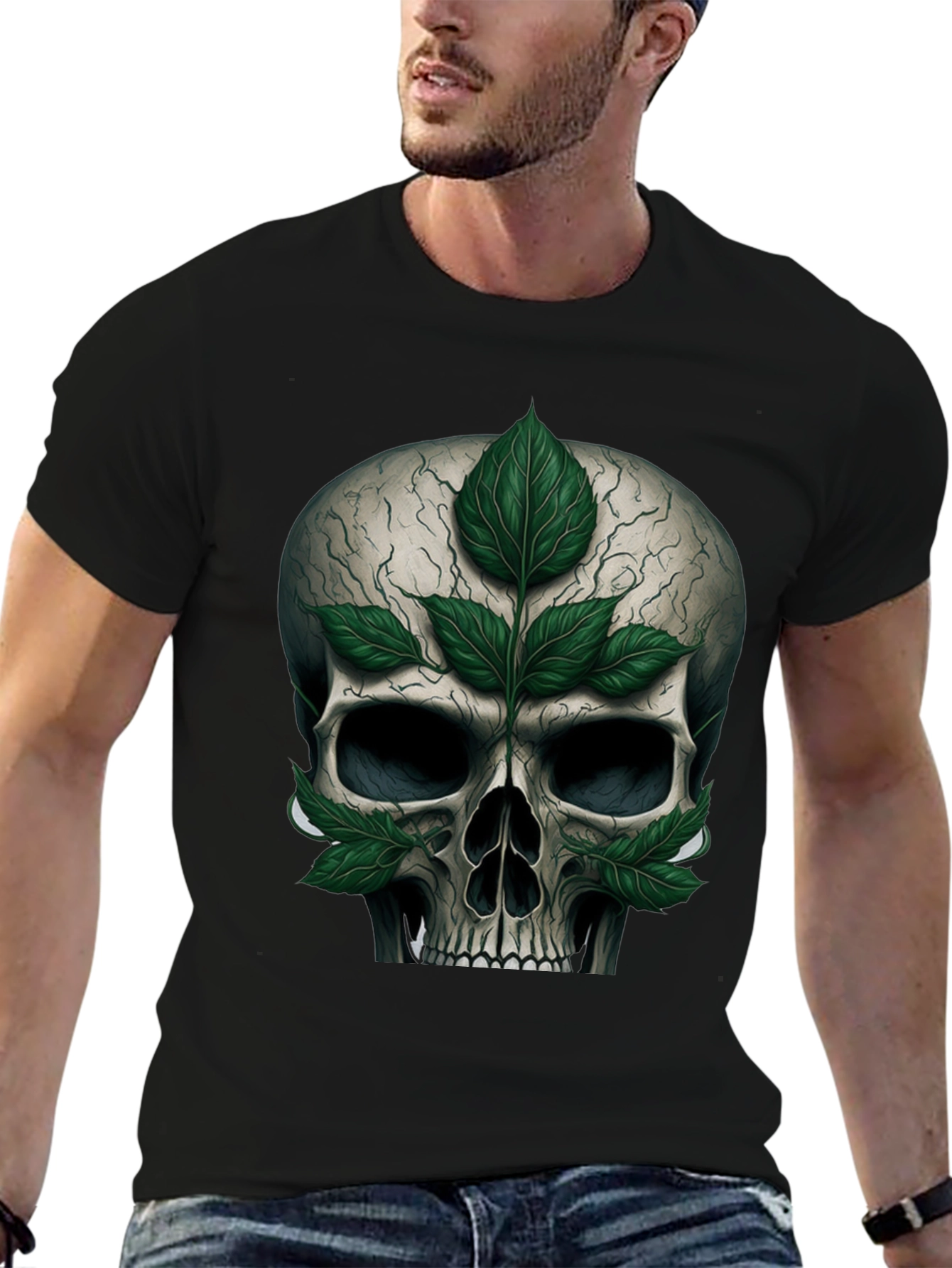 Black Skull & Leaves Graphic T-Shirt view 6