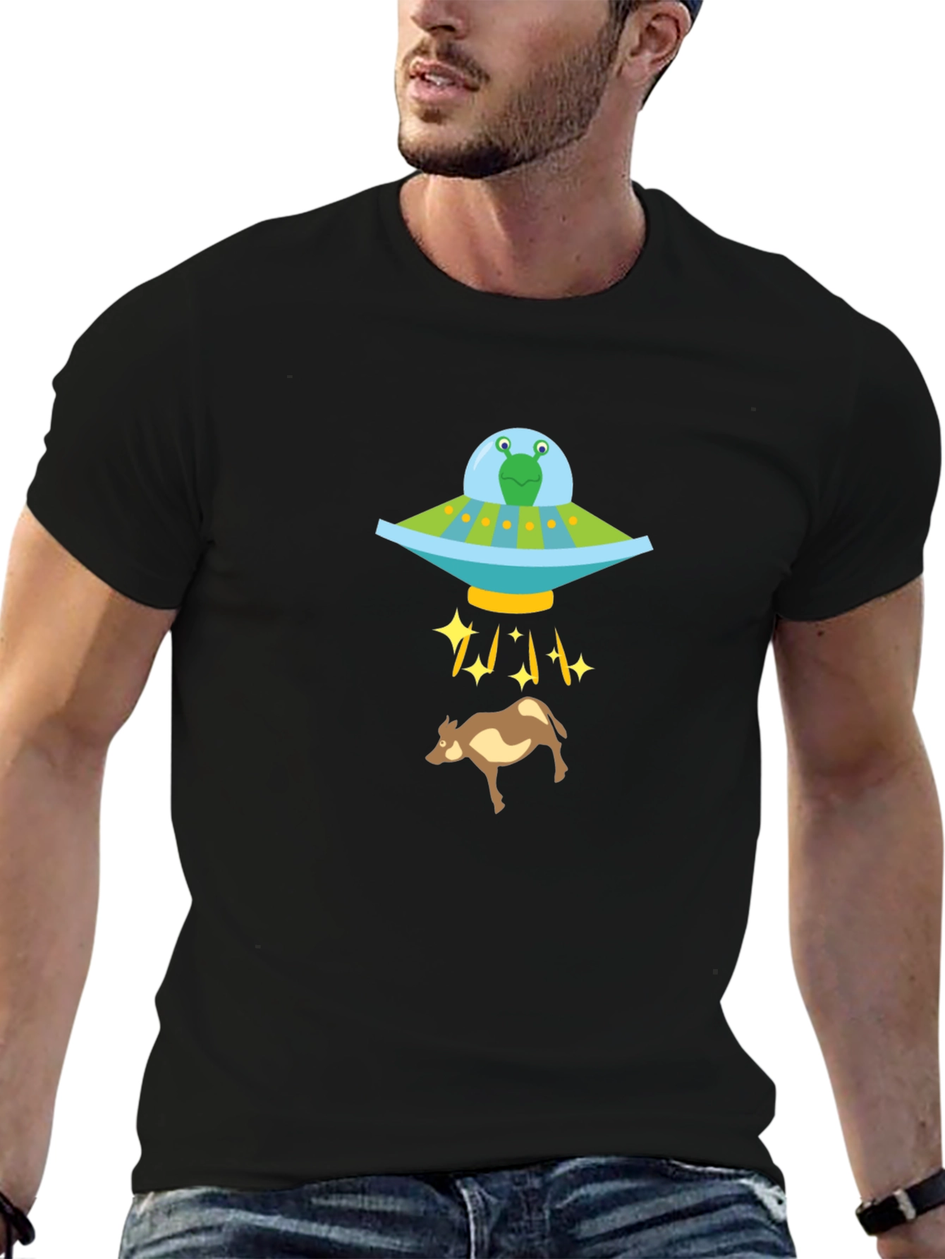 Black Alien Abduction Graphic Tee - Cow UFO Shirt view 6
