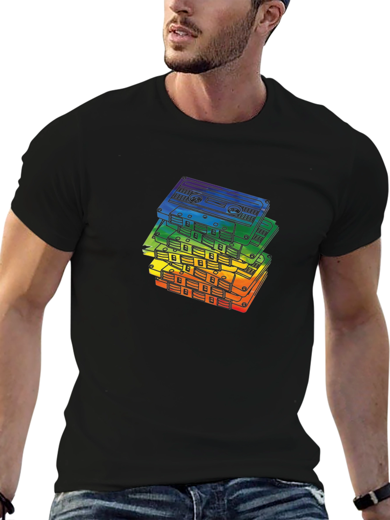Black Retro Rainbow Cassette Tapes Black T-Shirt view 6