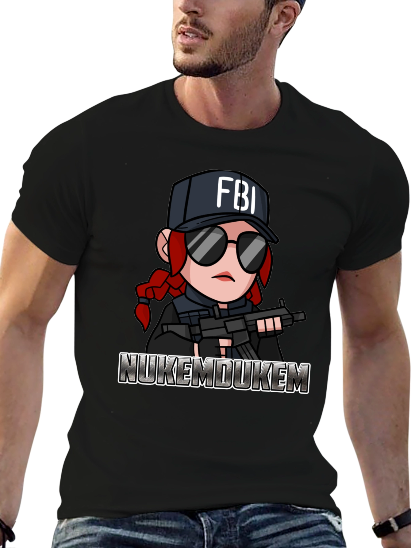 Black FBI Cartoon Graphic T-Shirt - NukeMDukeM view 6