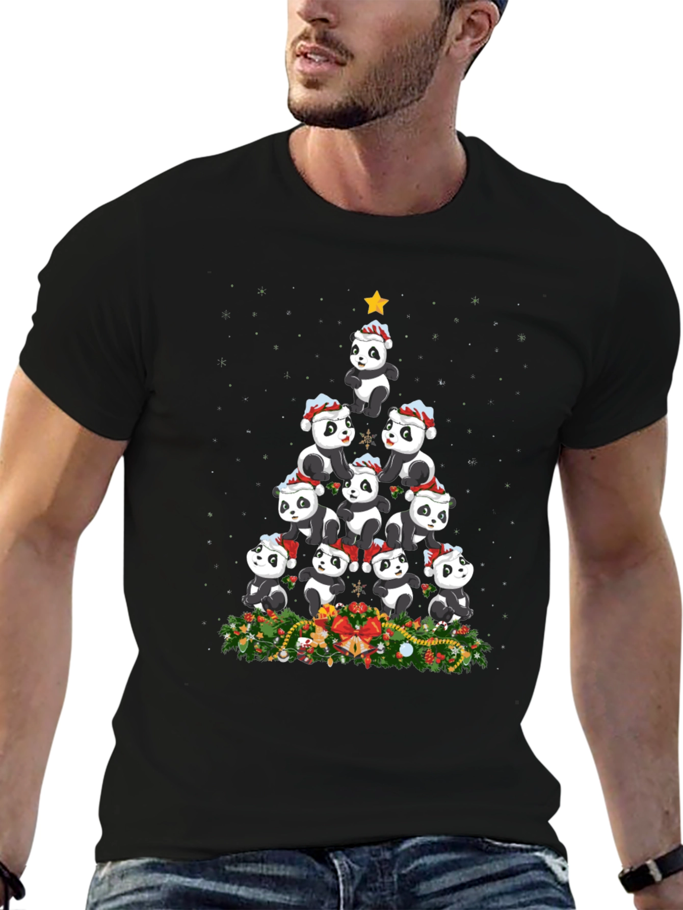 Black Panda Christmas Tree T-Shirt view 6