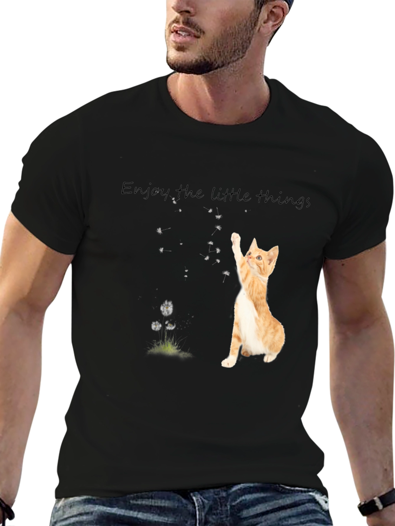 Black Cute Cat 'Enjoy the Little Things' Black T-Shirt view 6