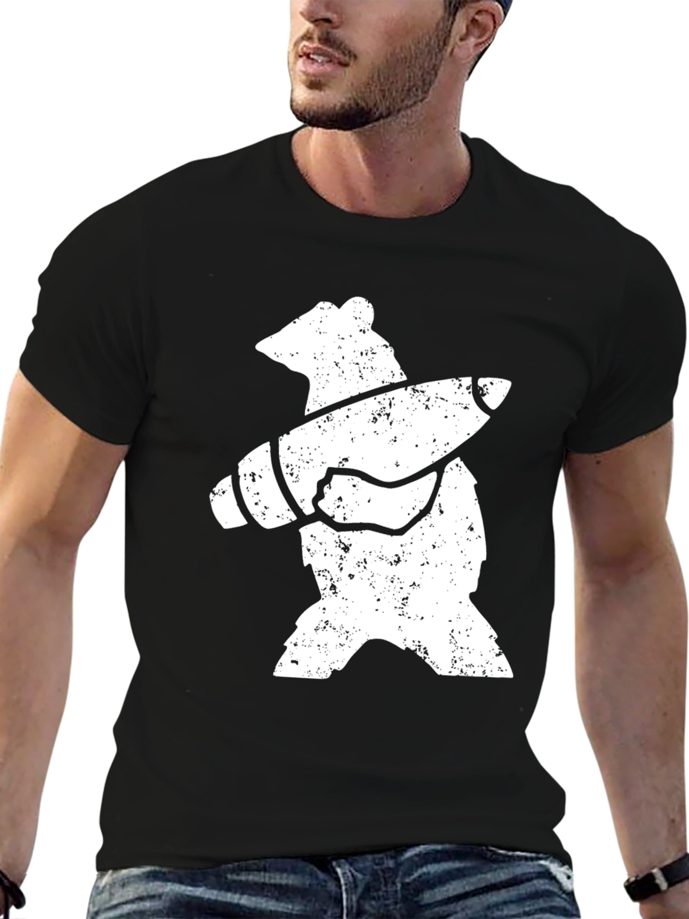 Black Bear with Rocket T-Shirt - Black Cotton Graphic Tee view 6