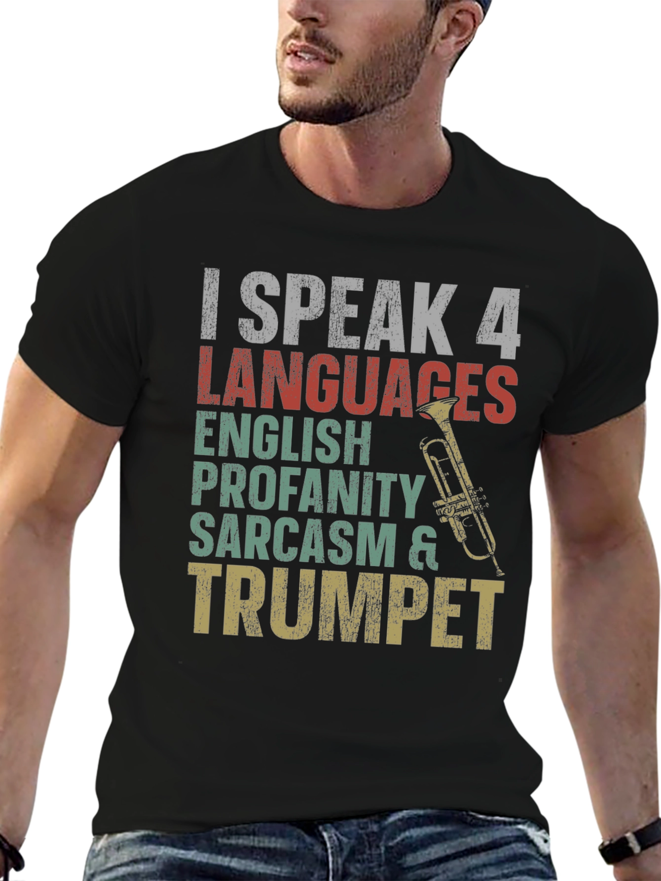 Black I Speak 4 Languages Trumpet Graphic Tee view 6
