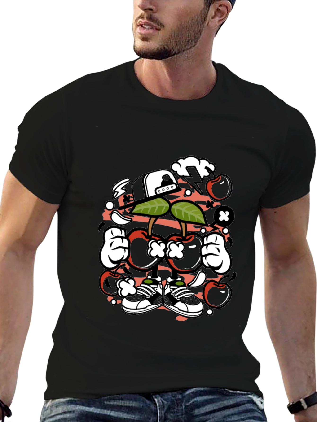 Black Unique Cartoon Cherry Graphic Black T-Shirt view 6