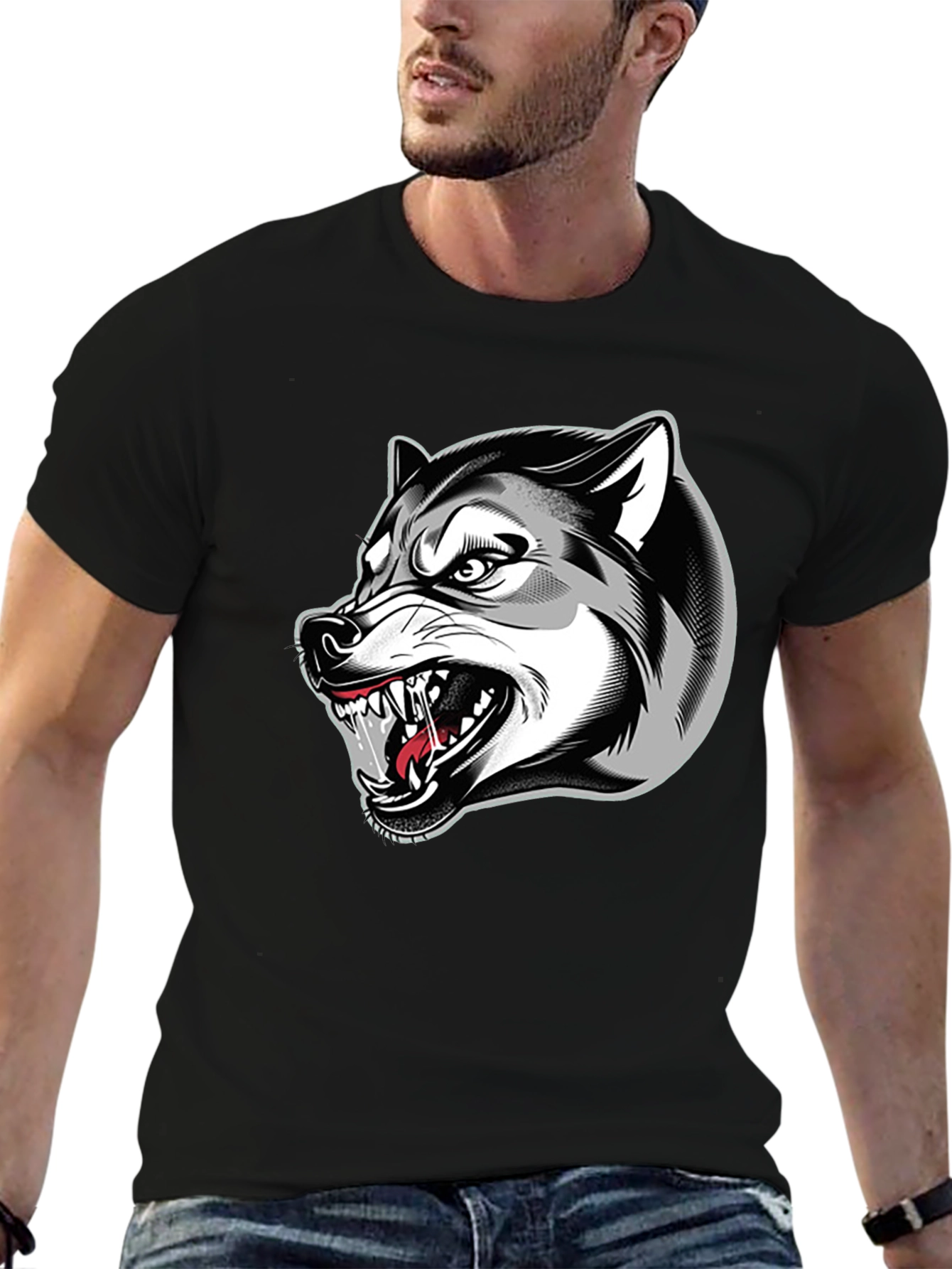 Black Men's Black Graphic T-Shirt - Fierce Wolf Design view 6