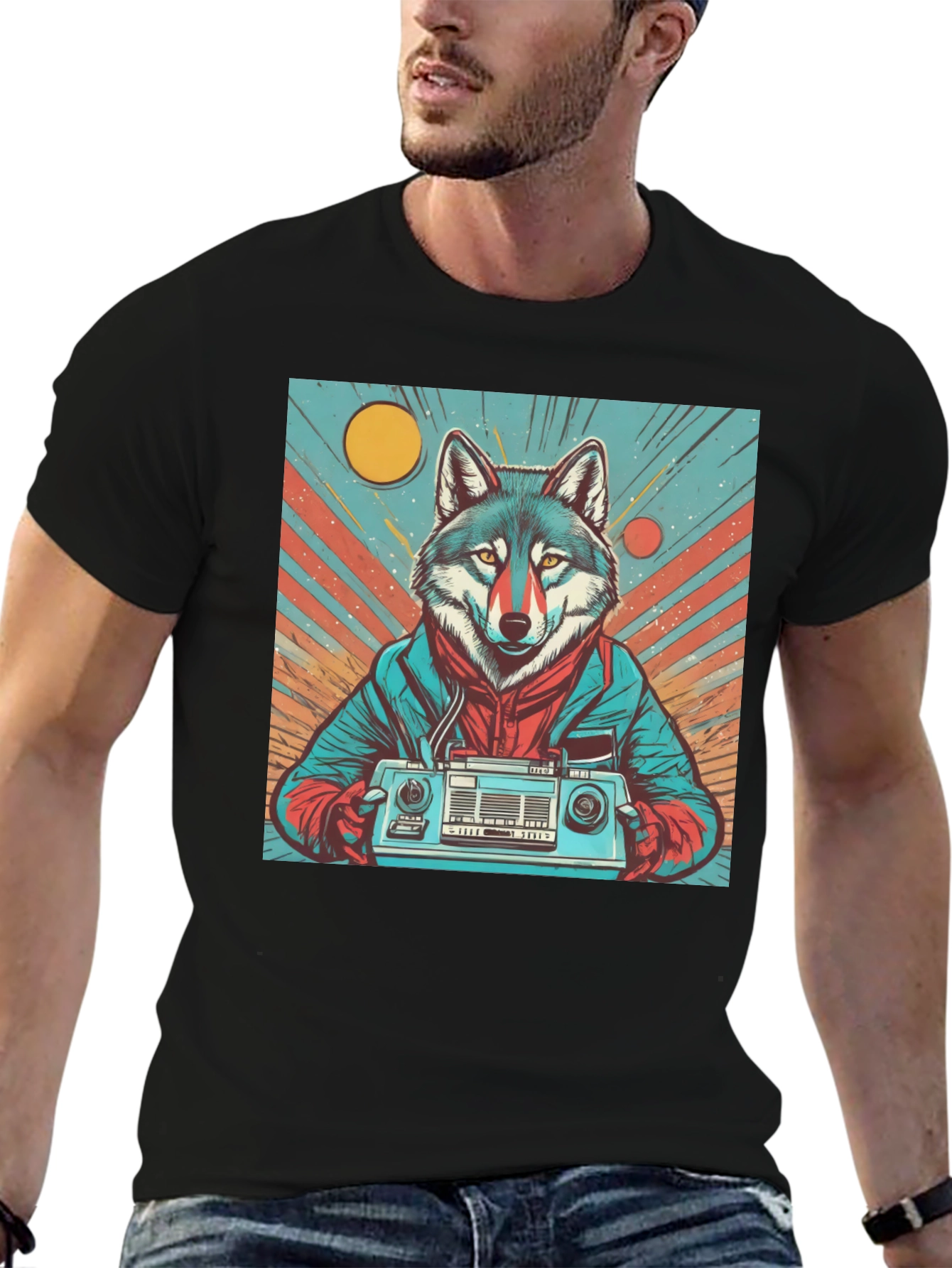 Black Retro Wolf Boombox Graphic Tee view 6