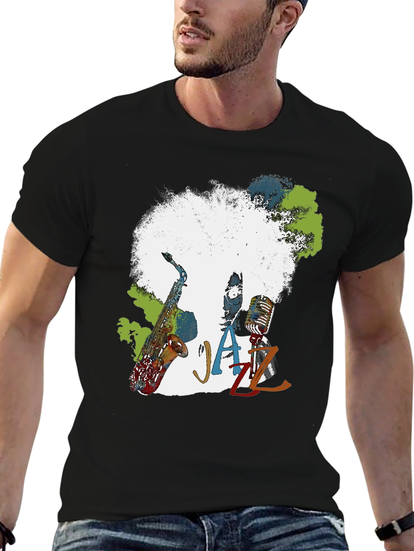 Black Jazz Music T-Shirt - Afro Saxophone Microphone view 6