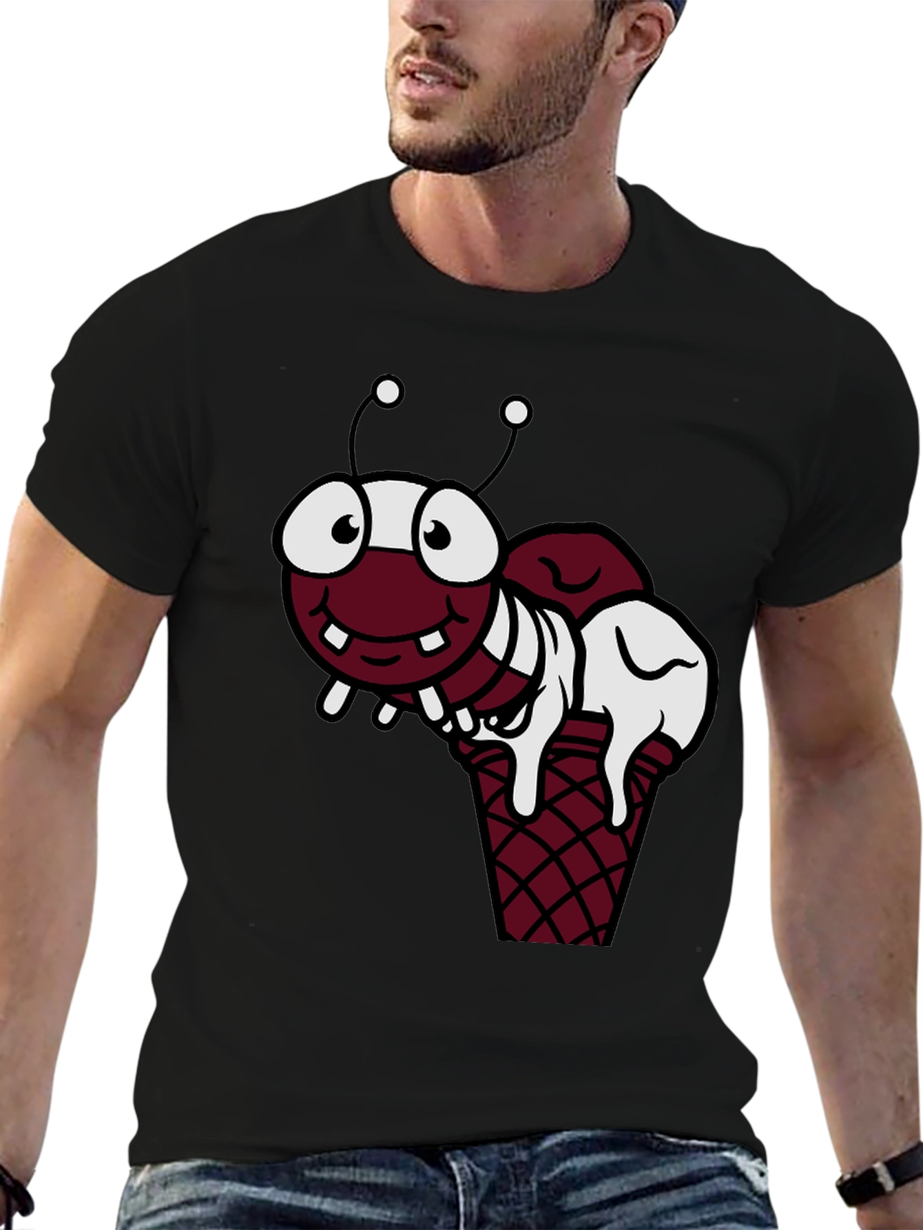 Black Funny Cartoon Ant Ice Cream Cone Black T-Shirt view 6