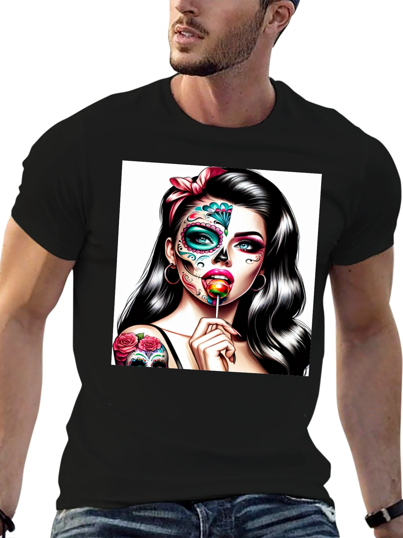 Black Sugar Skull Girl T-Shirt - Dia de los Muertos Art view 6