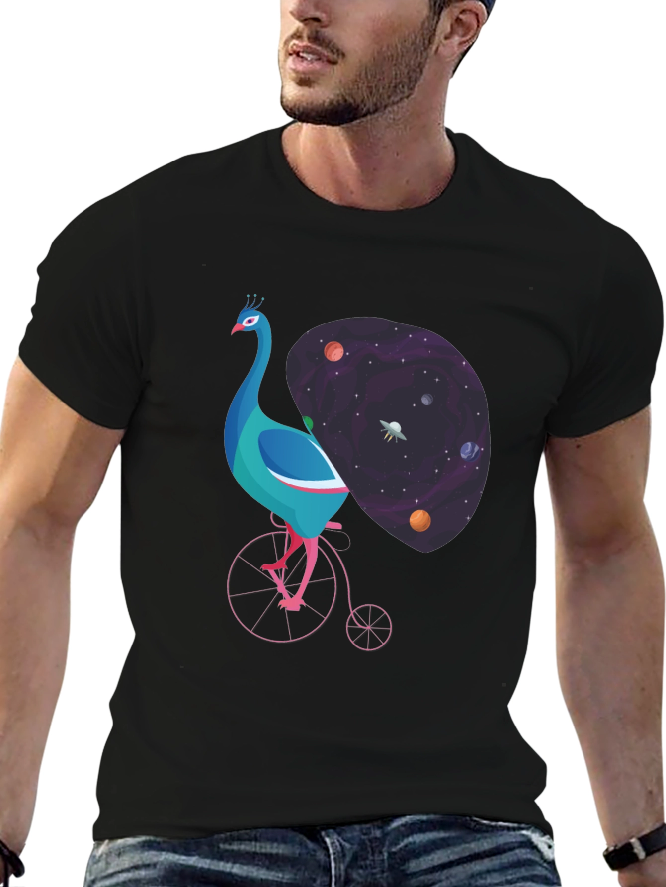 Black Cosmic Peacock Bike Graphic Tee view 6