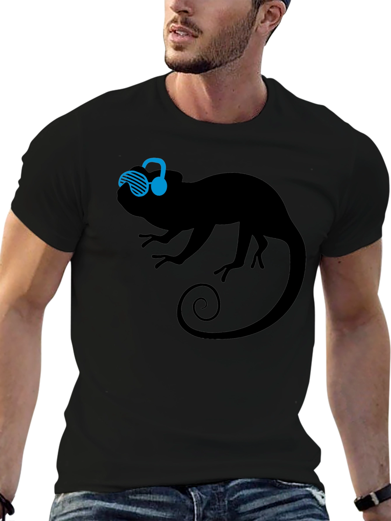 Black Cool Chameleon Graphic Tee - Black Cotton T-Shirt view 6