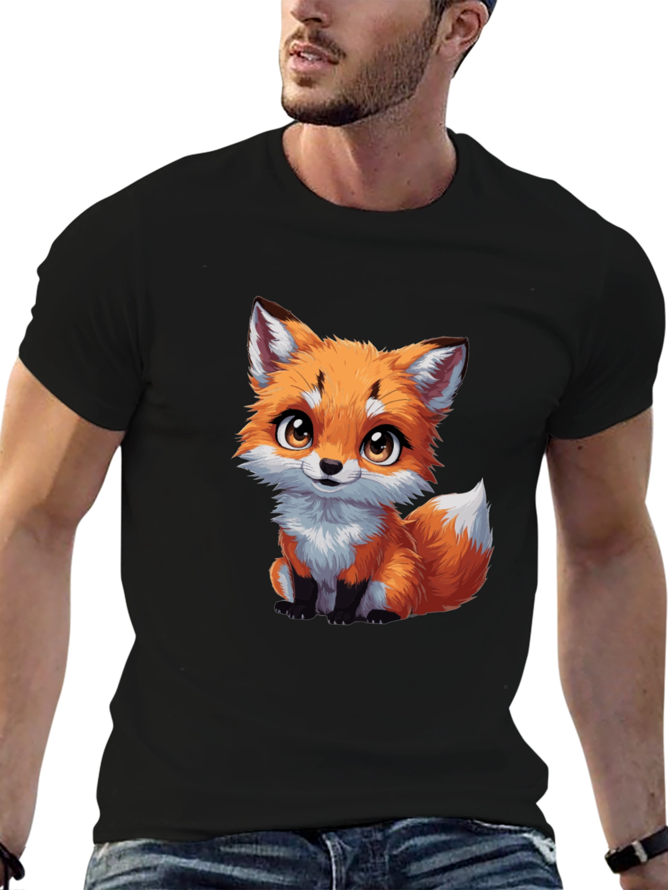 Black Cute Fox Graphic Tee - Black Cotton T-Shirt view 6
