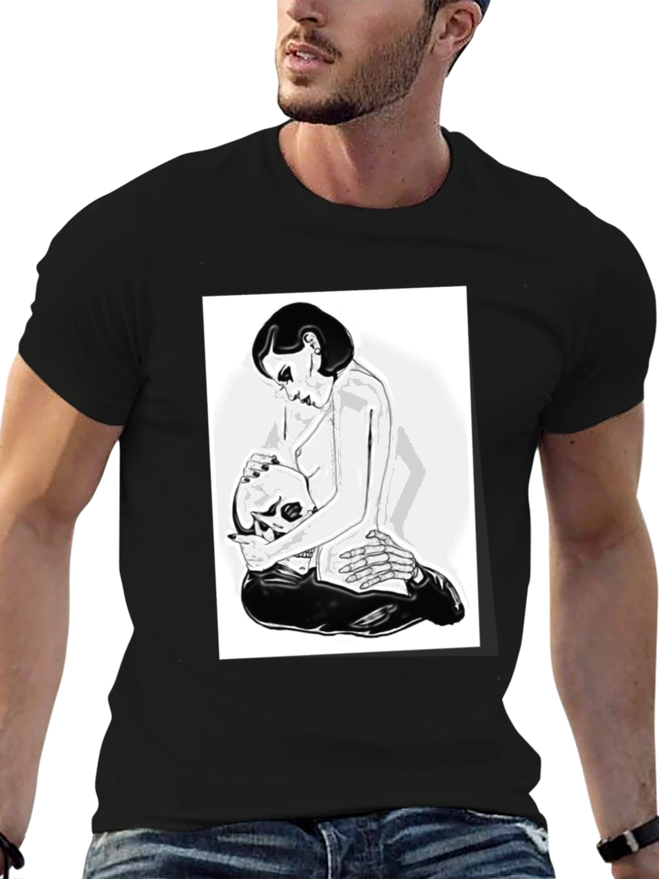 Black Graphic T-Shirt - Woman and Skull Design view 6