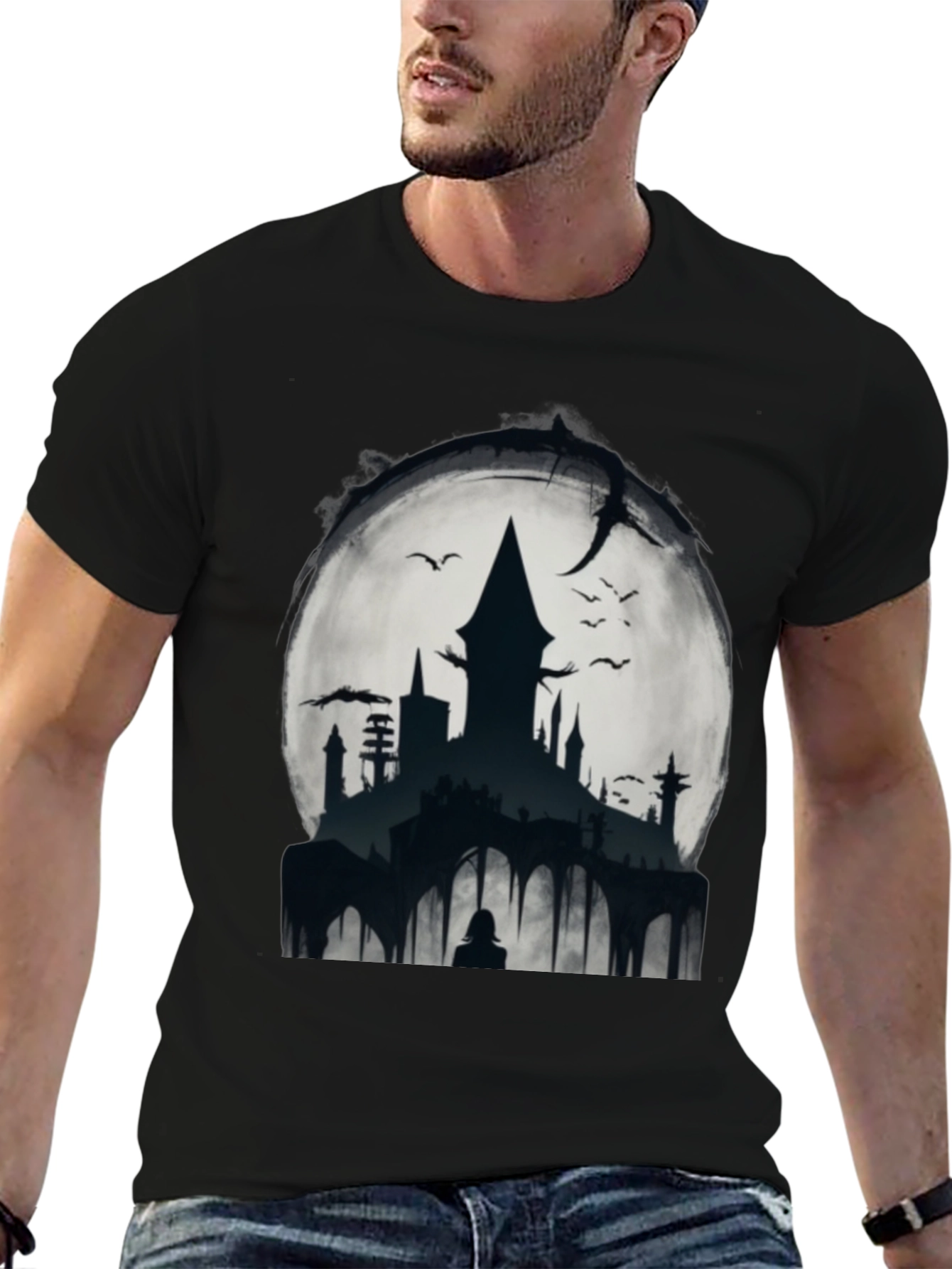 Black Moonlit Castle Graphic Tee - Gothic Style Shirt view 6