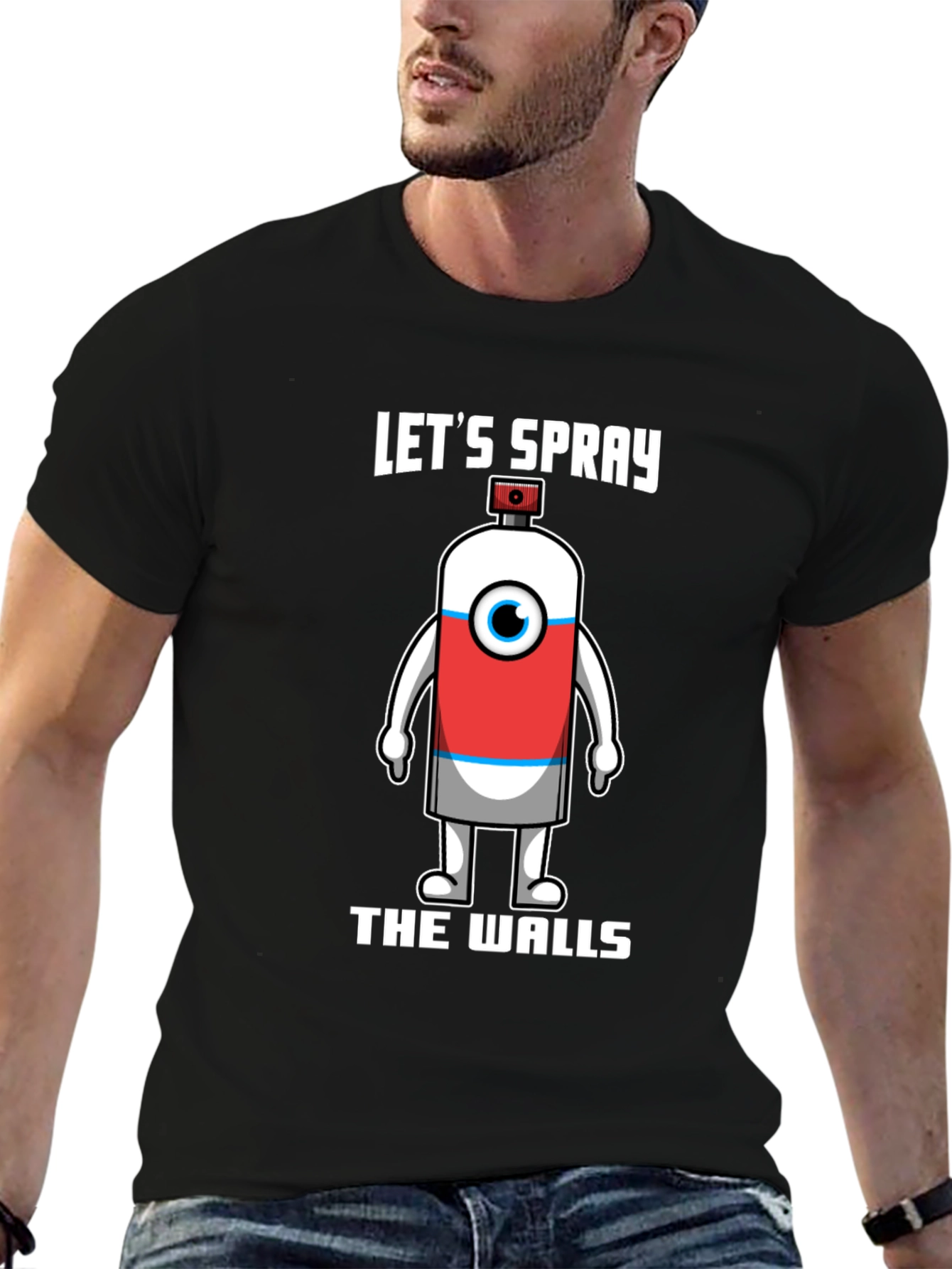 Black Let's Spray The Walls T-Shirt - Unique Cartoon Spray Can Design view 6