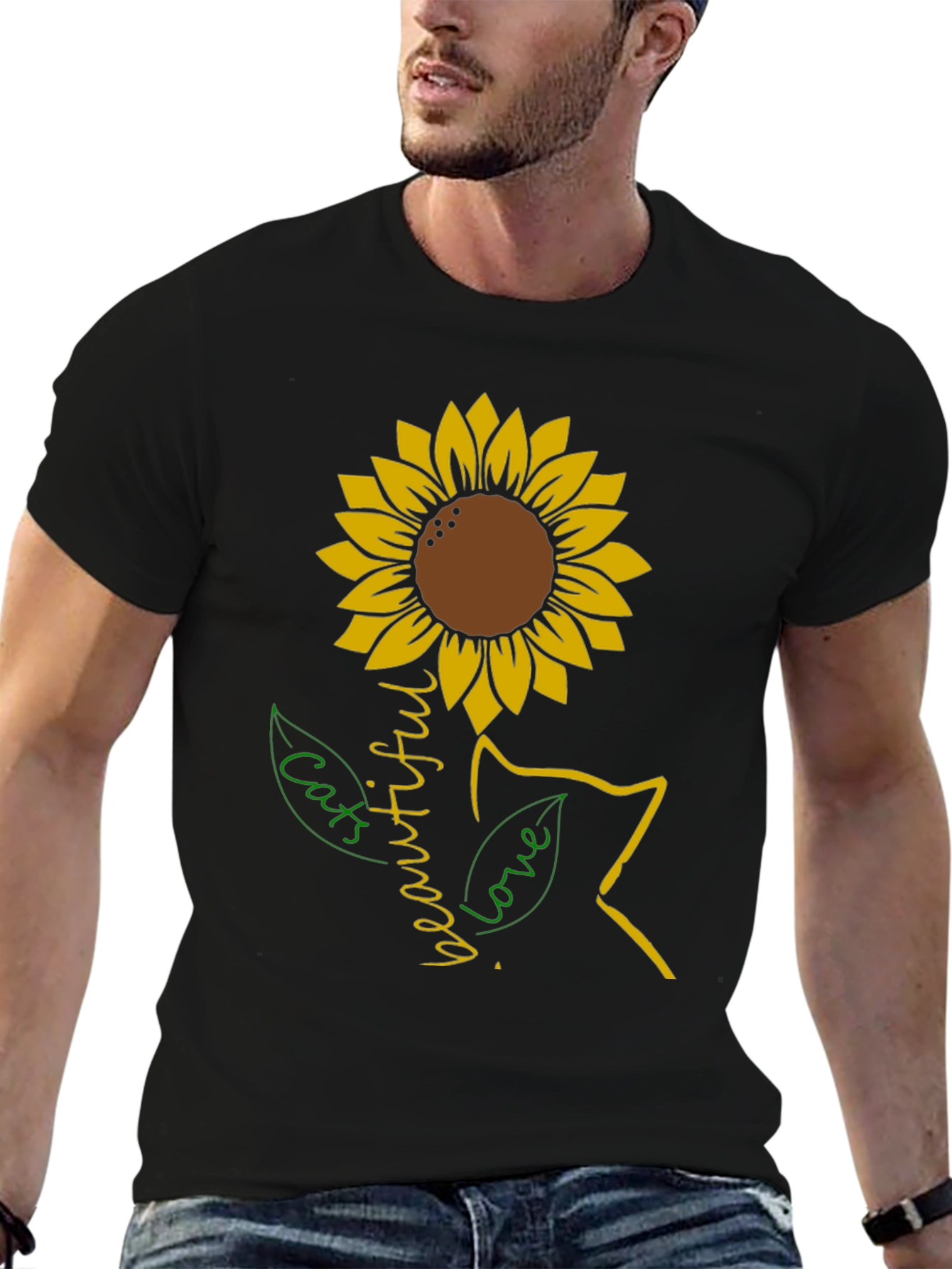Black Sunflower Cat Lover T-Shirt view 6