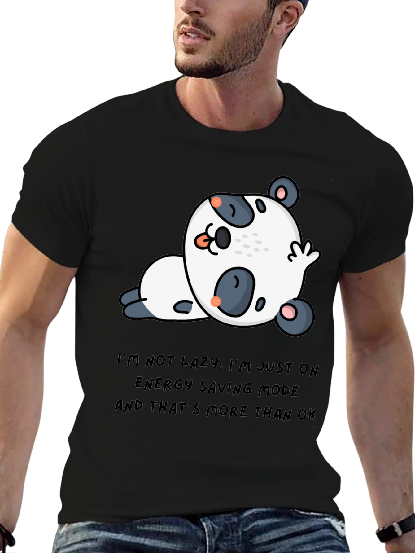 Black Lazy Panda Energy Saving Mode T-Shirt view 6