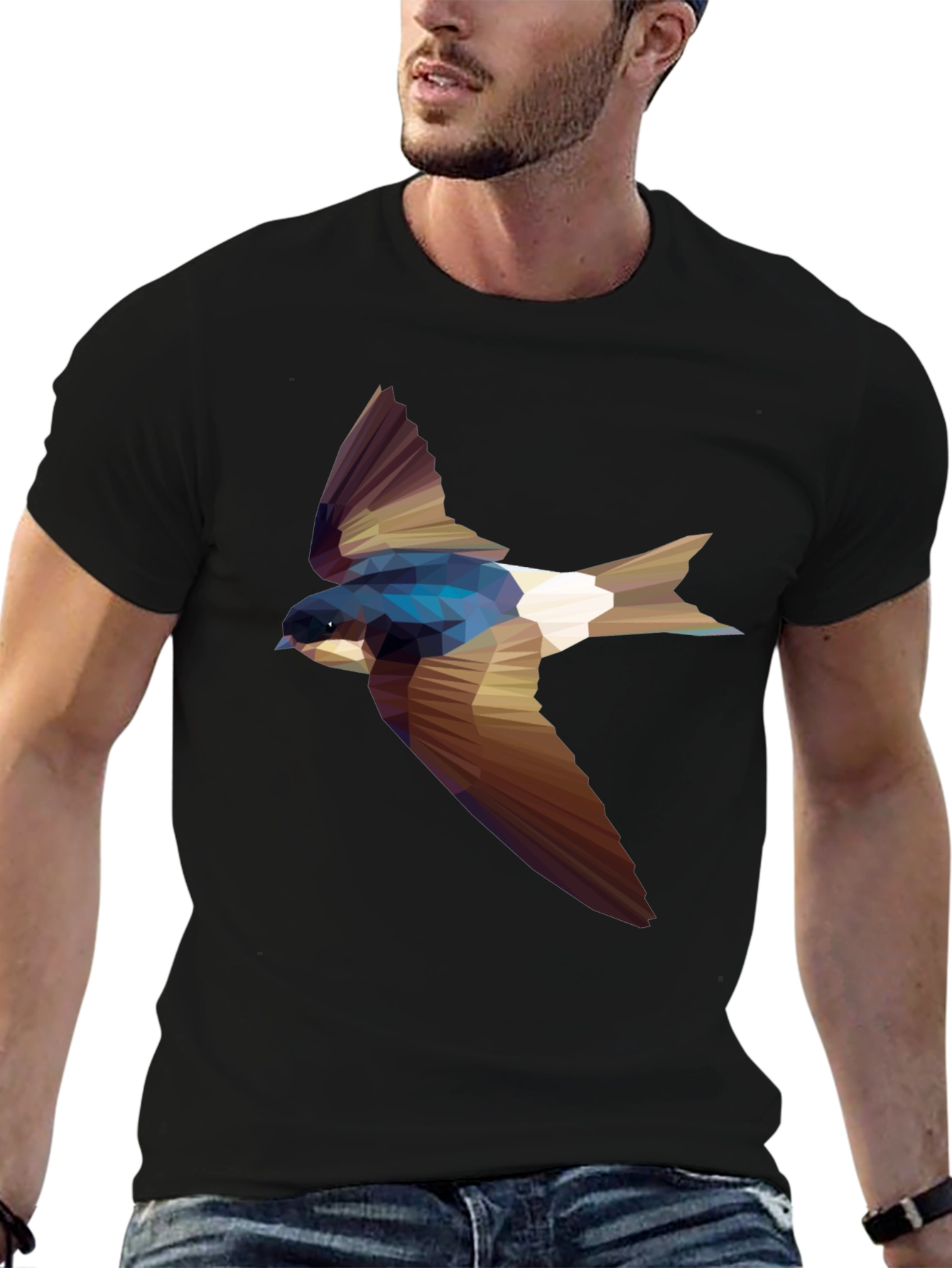 Black Geometric Swallow Print Black T-Shirt view 6