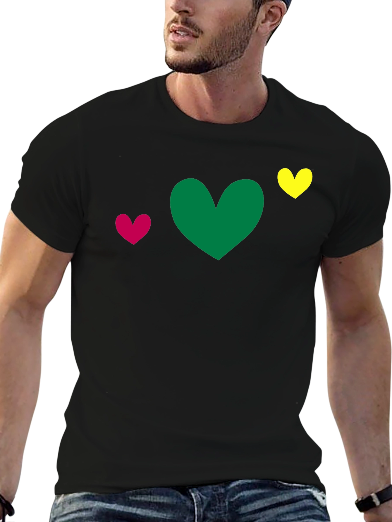 Black Heart Trio T-Shirt - Green, Pink, Yellow Hearts view 6