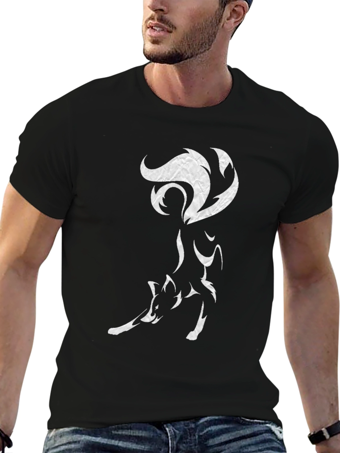 Black Stylish Fox Graphic Tee - Black Cotton Blend view 6
