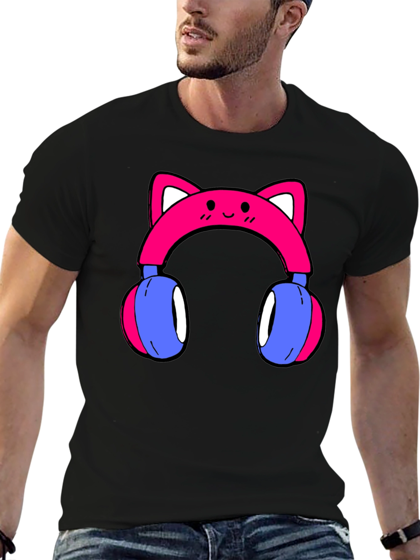 Black Cute Cat Ear Headphones Graphic Tee - Black view 6