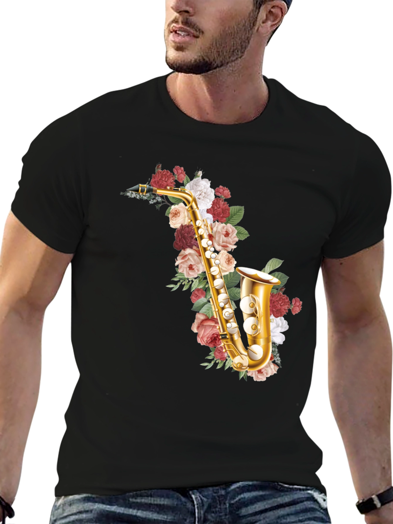 Black Floral Saxophone Graphic Tee view 6