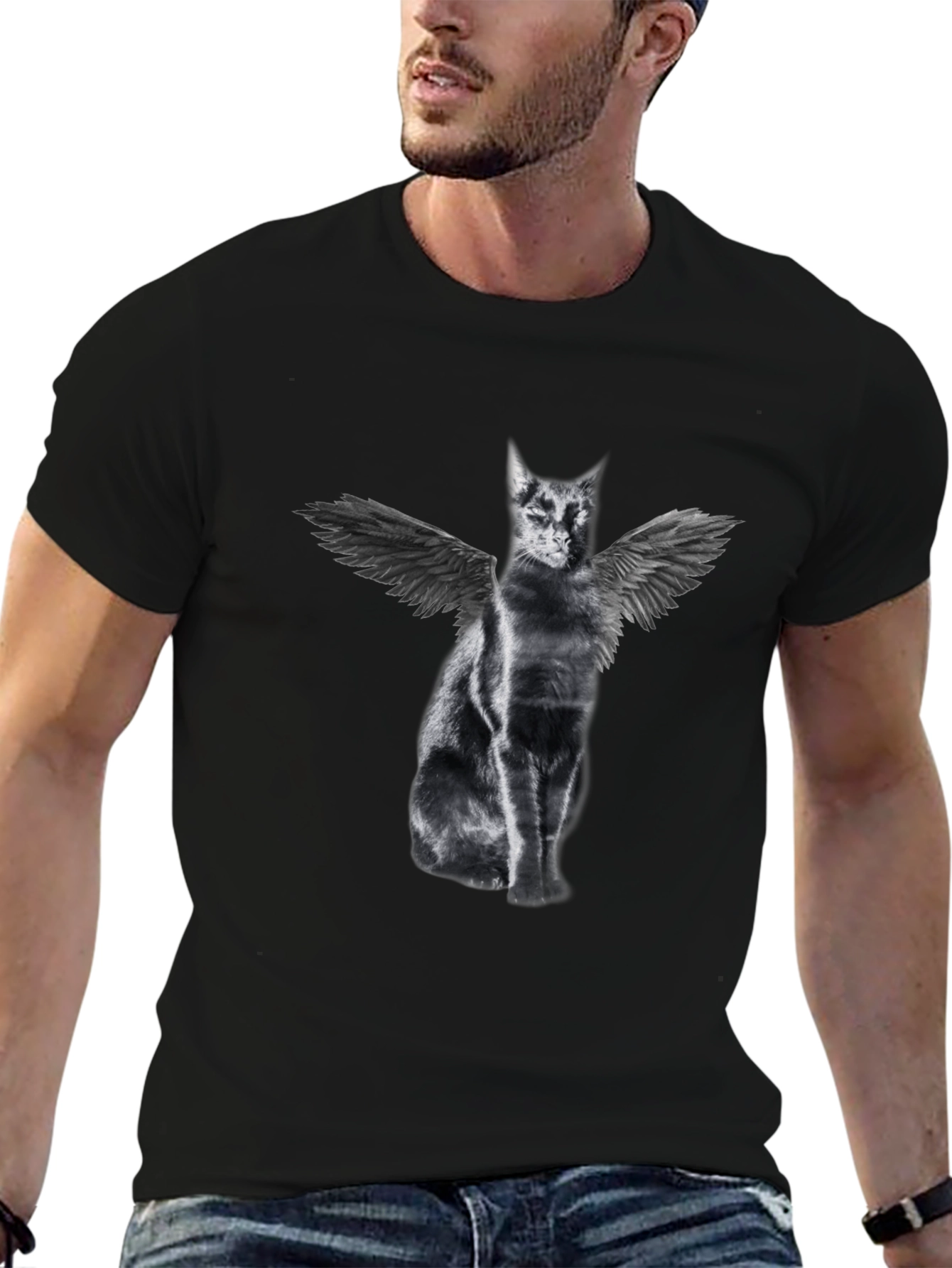 Black Winged Cat Graphic Tee - Black Cotton T-Shirt view 6