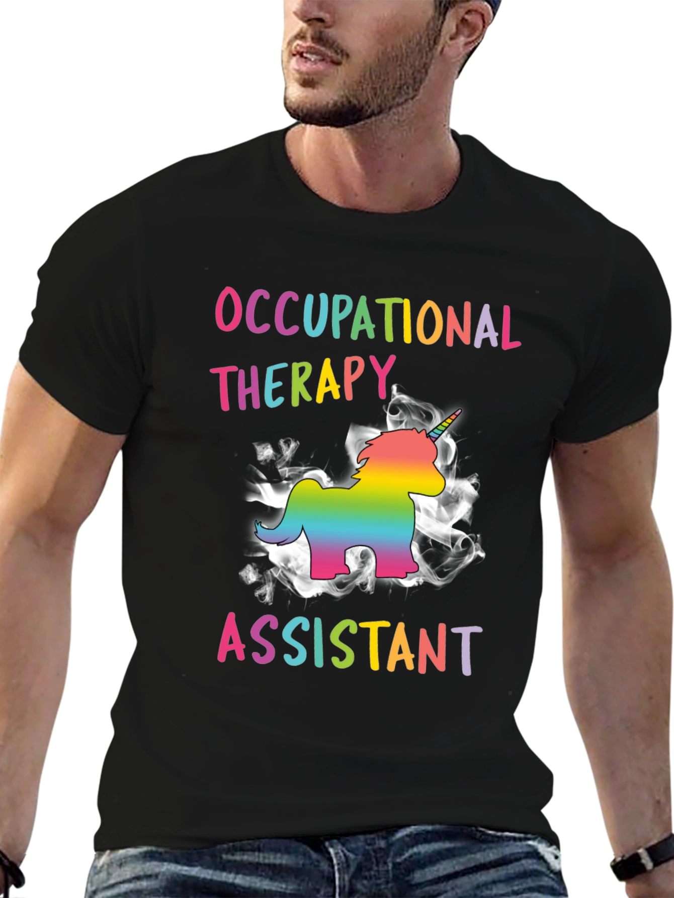 Black Occupational Therapy Assistant Rainbow Unicorn T-Shirt view 6