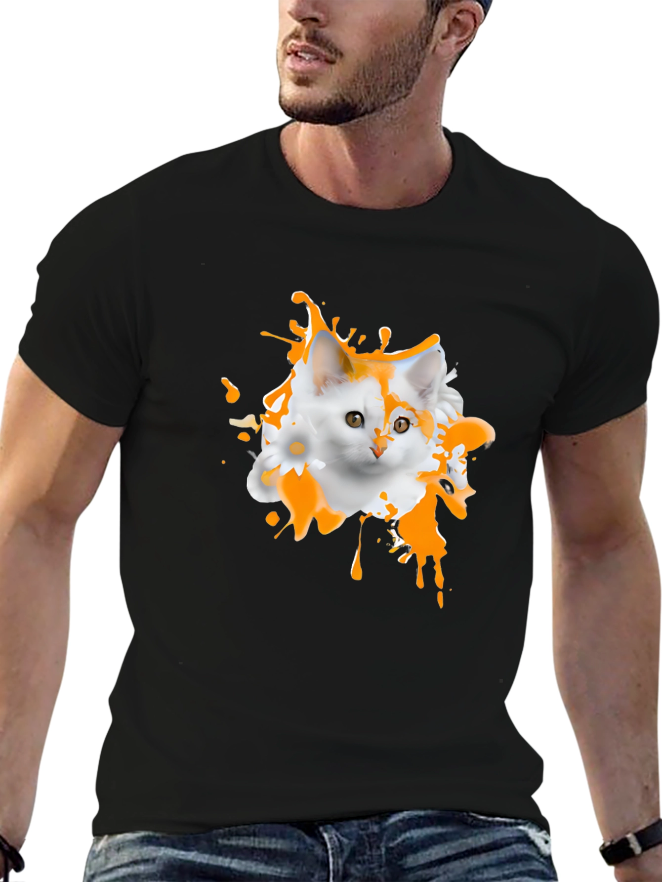 Black Cute Cat Splatter Graphic T-Shirt view 6