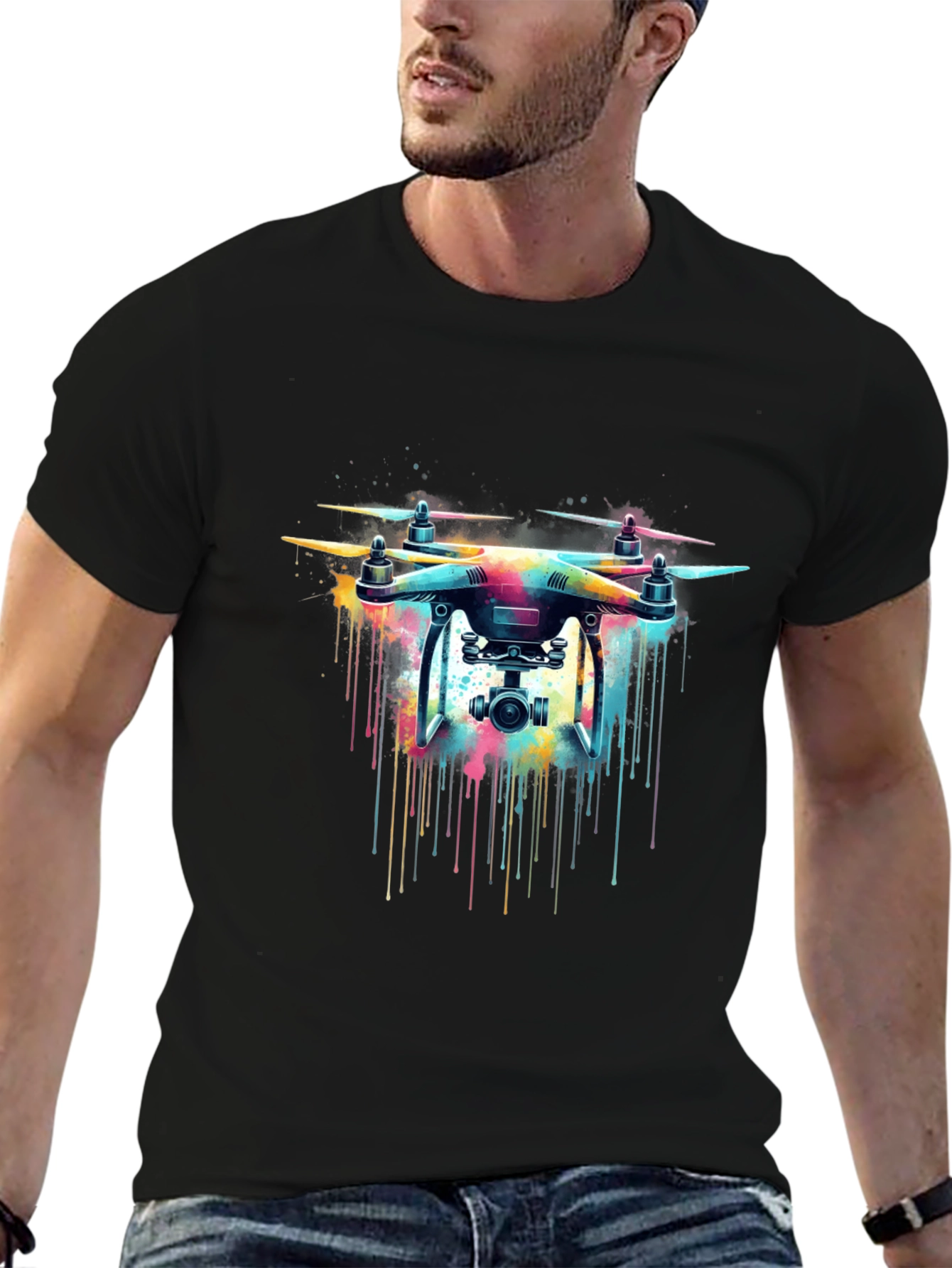Black Drone Art T-Shirt - Colorful Drone Design Tee view 6