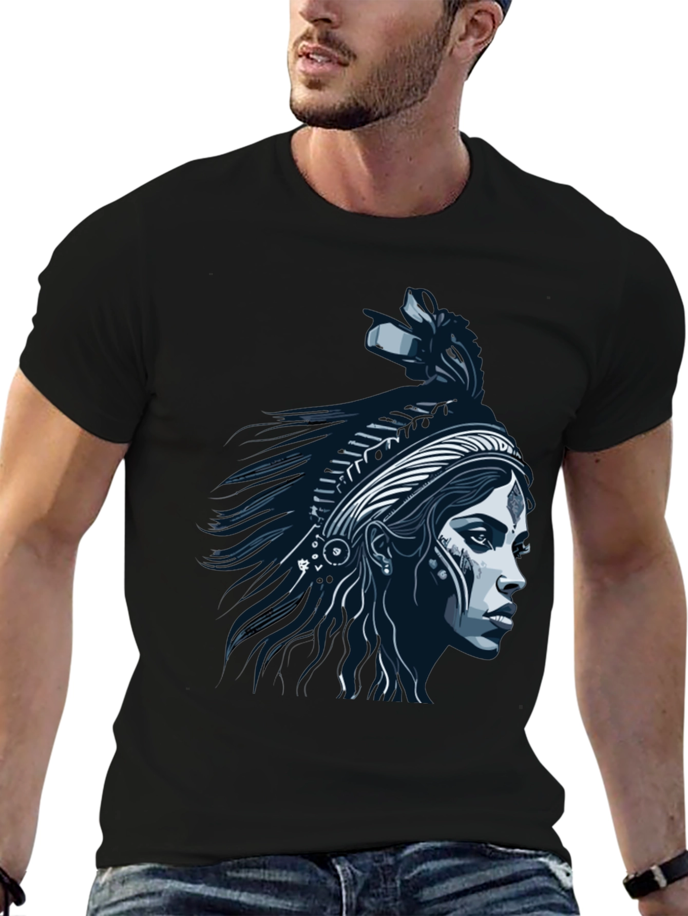 Black Native Headdress Graphic Tee - Black Cotton T-Shirt view 6