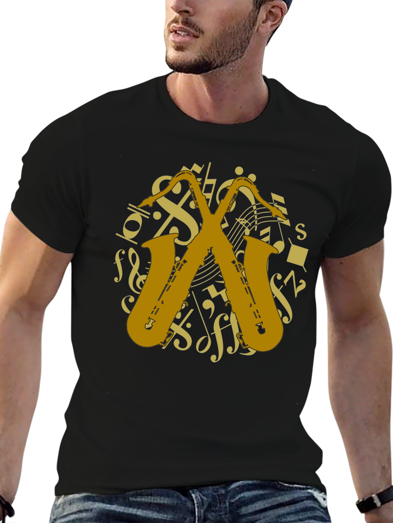 Black Saxophone Music Notes Graphic T-Shirt view 6