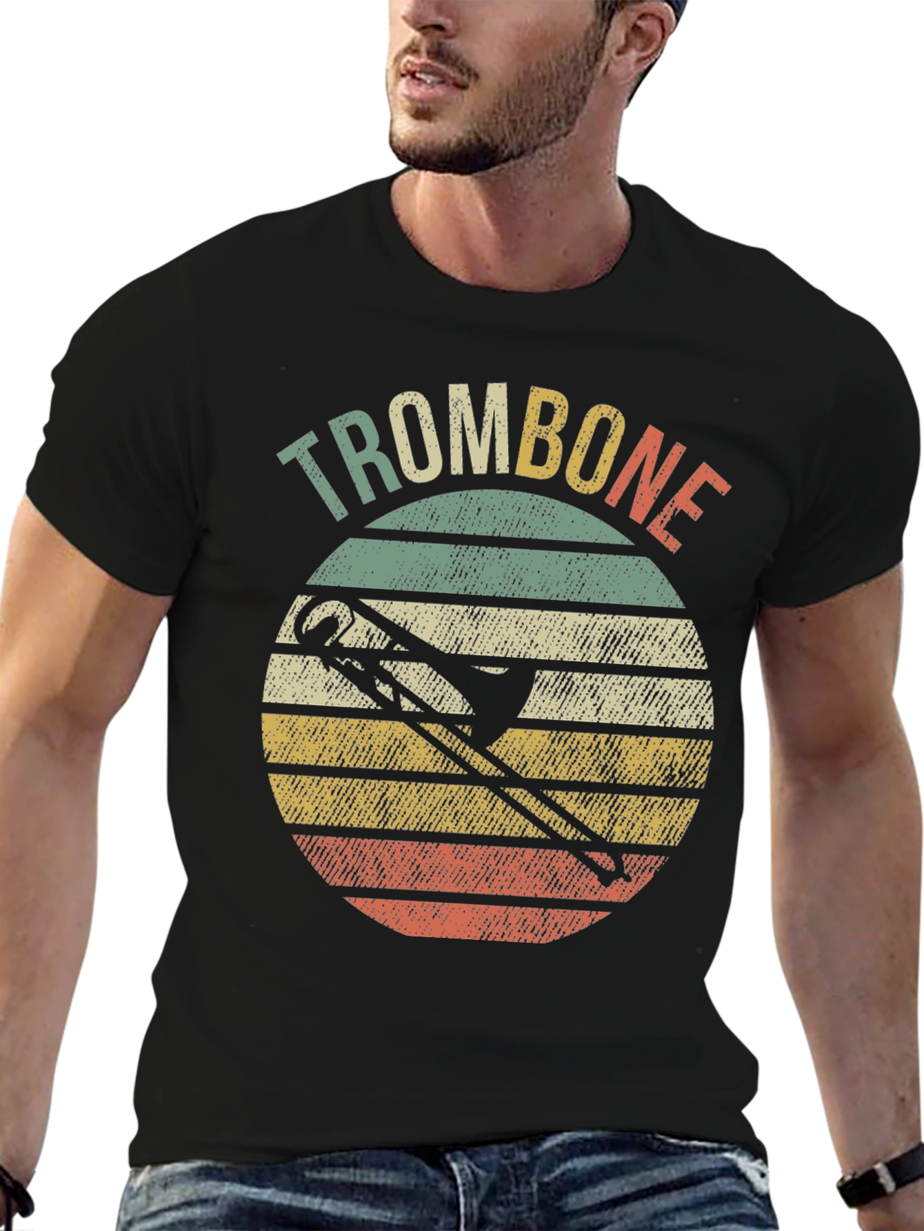 Black Retro Trombone Sunset Music T-Shirt view 6