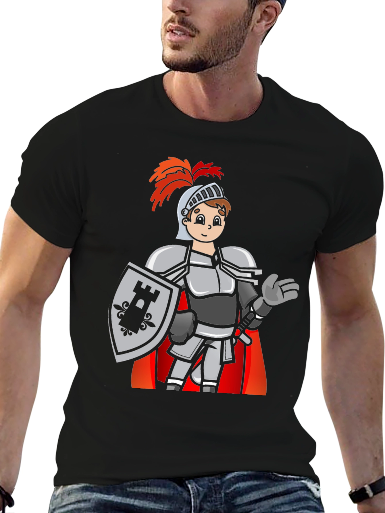 Black Cartoon Knight Graphic Tee - Black Casual T-Shirt view 6