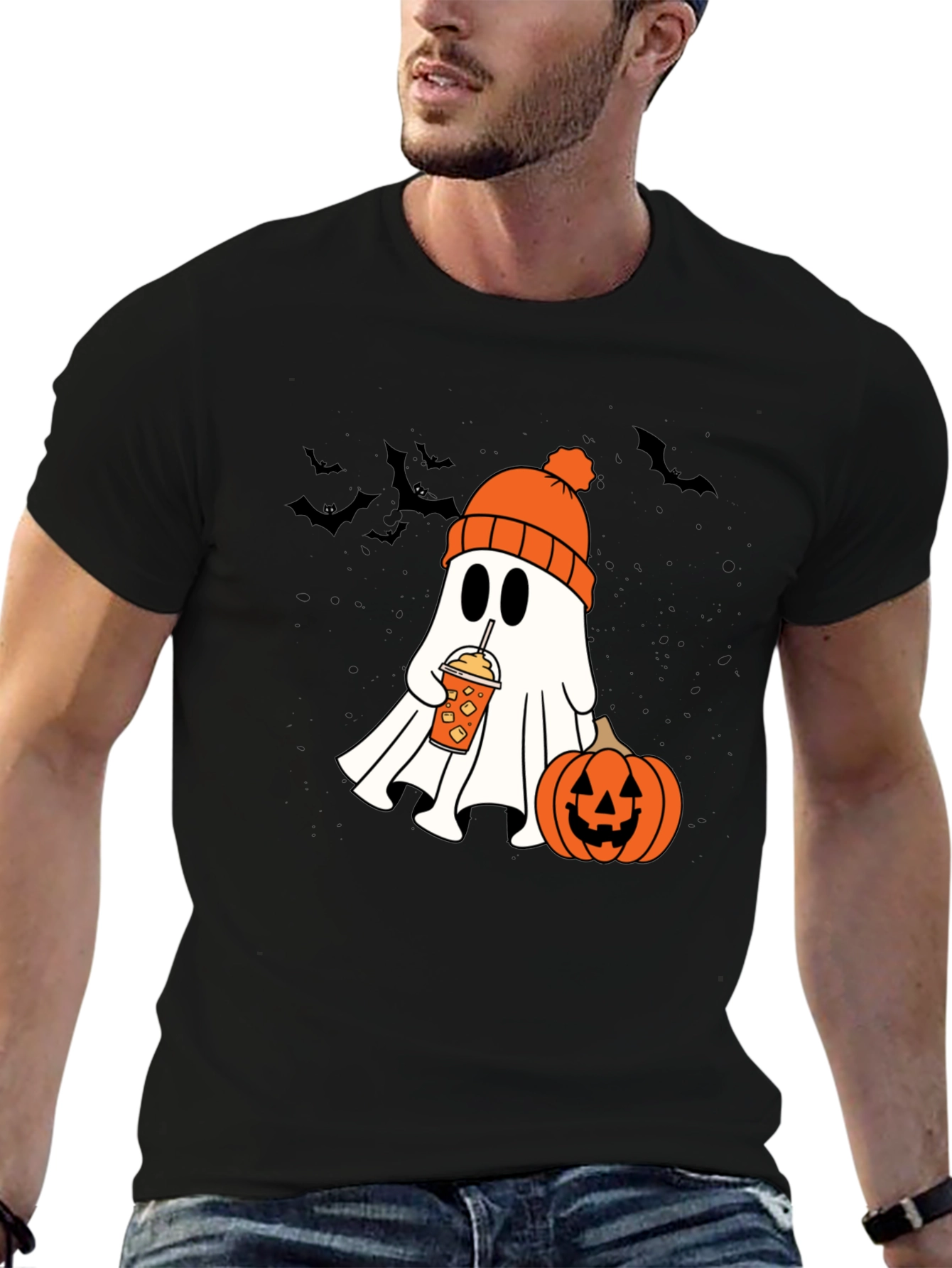Black Halloween Ghost with Pumpkin Spice Tee view 6
