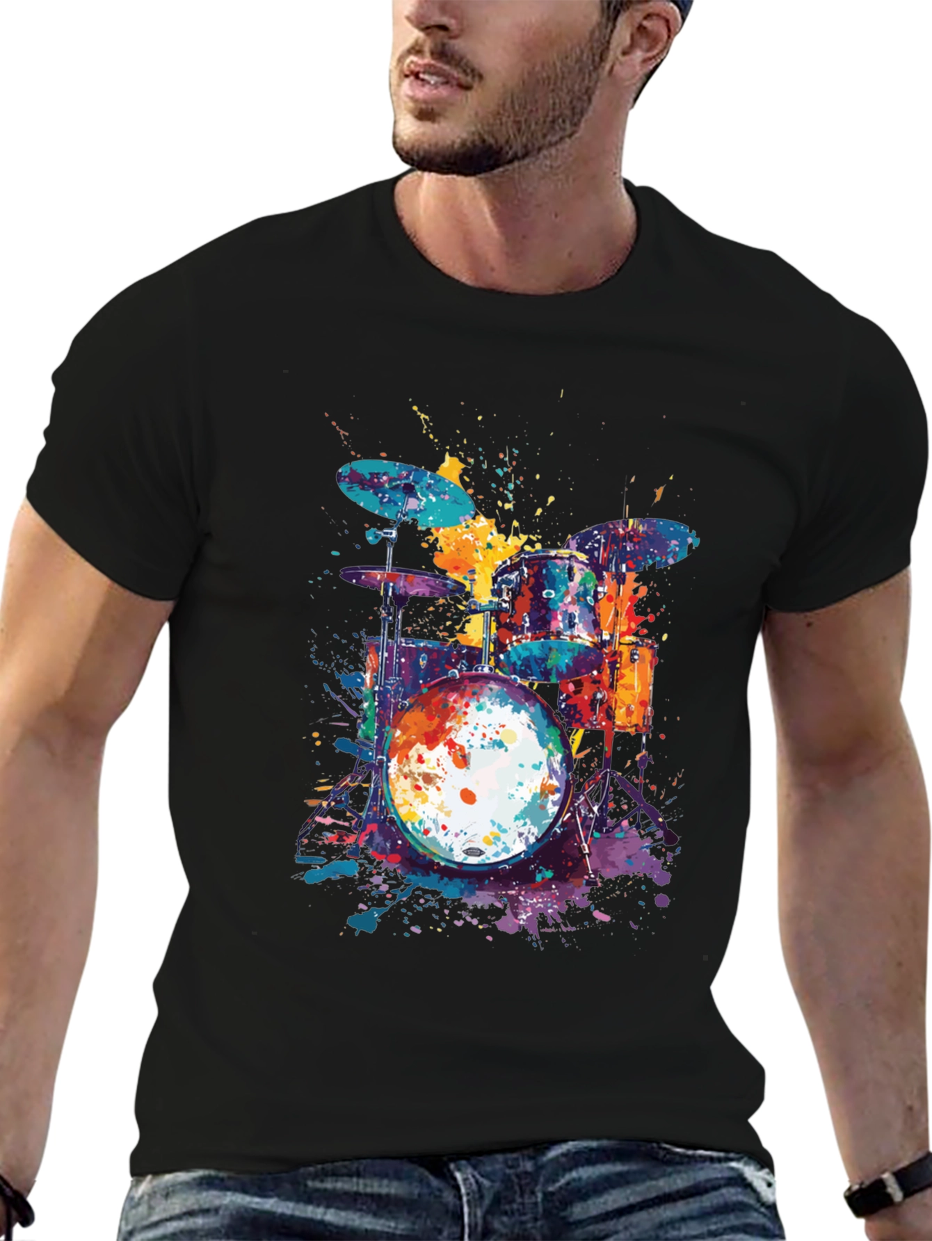 Black Colorful Drum Set T-Shirt - Music Lover Tee view 6