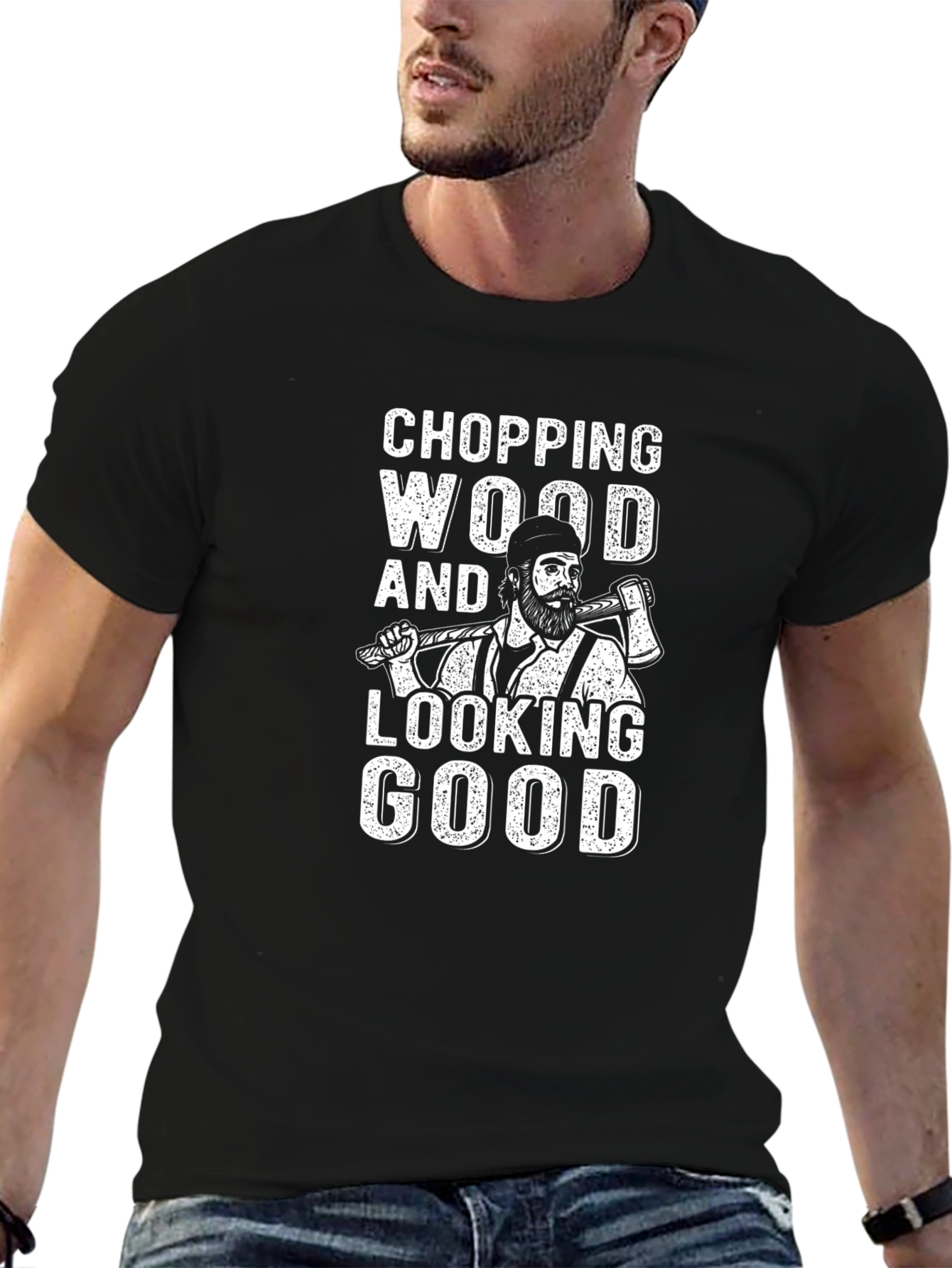Black Chopping Wood T-Shirt - Lumberjack Style Graphic Tee view 6