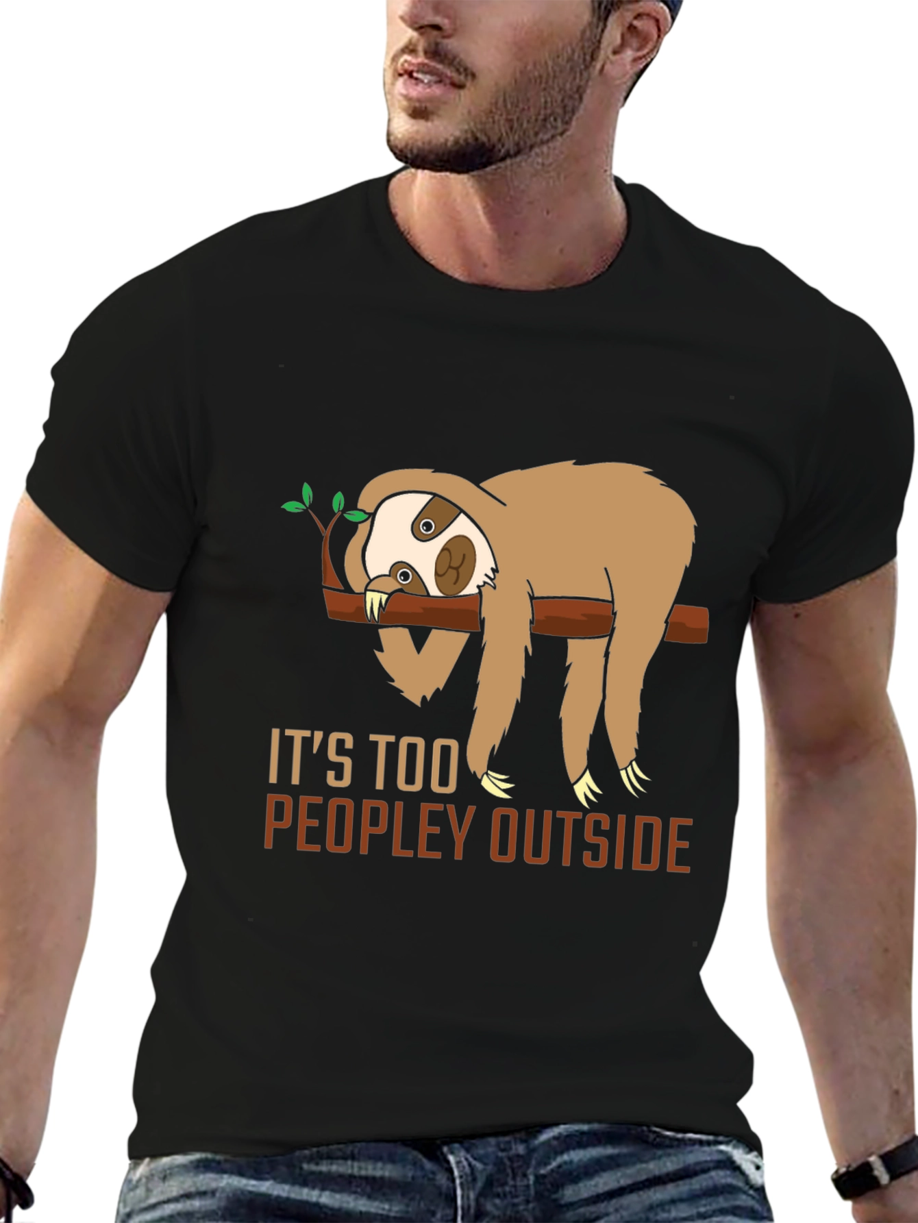 Black Funny Sloth "Too Peopley" Graphic T-Shirt view 6