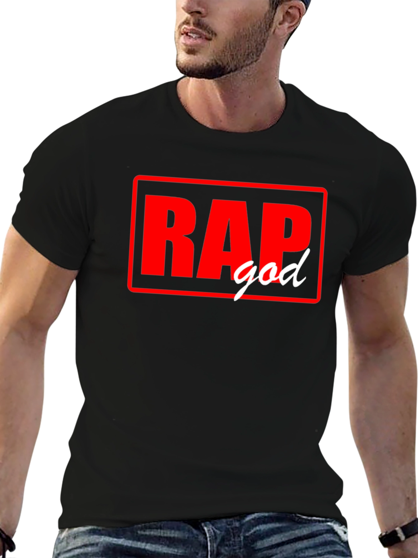 Black Rap God T-Shirt - Black Tee with Red and White Graphic view 6