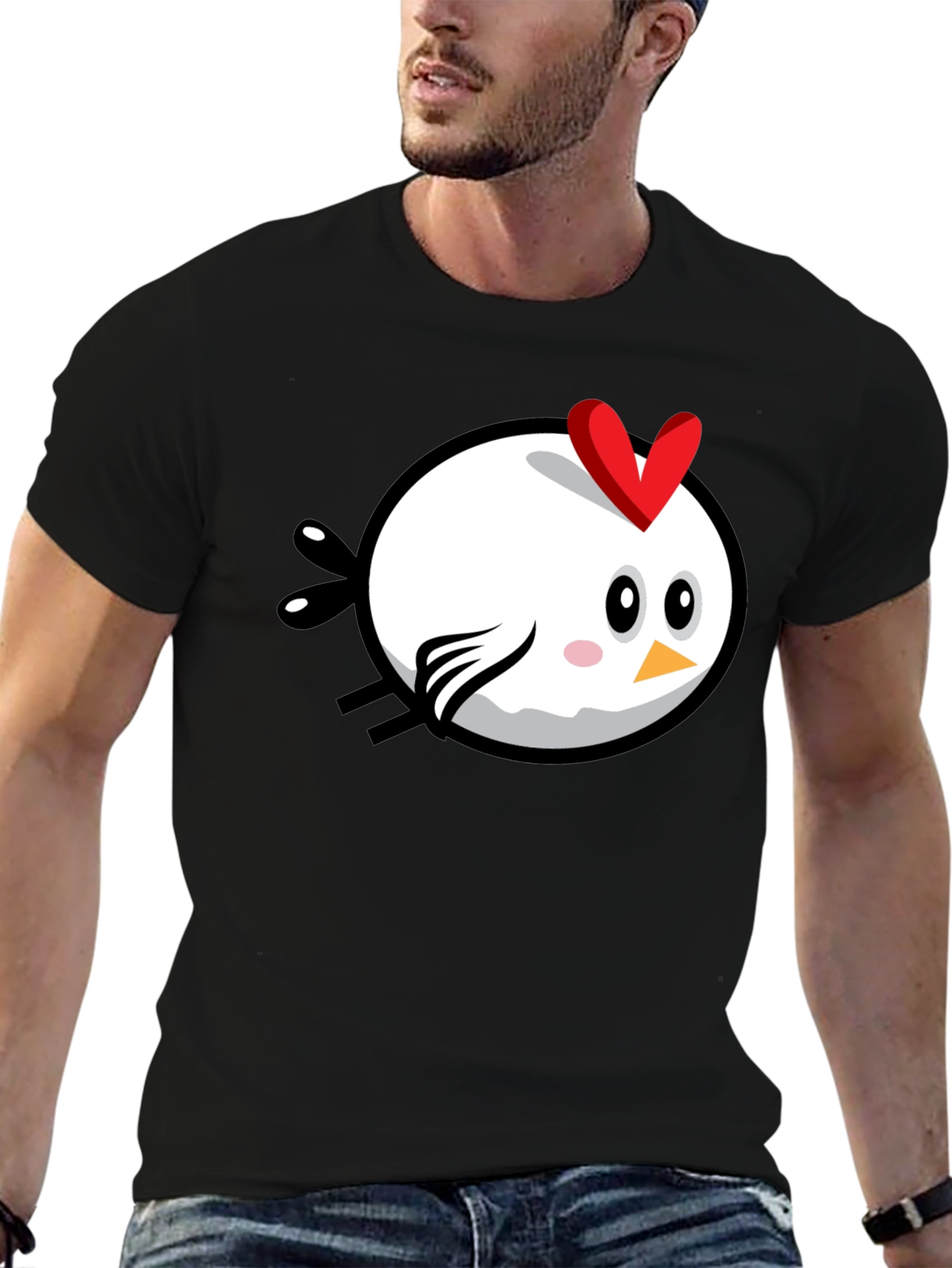 Black Cartoon Chicken Graphic Tee - Black Cotton T-Shirt view 6