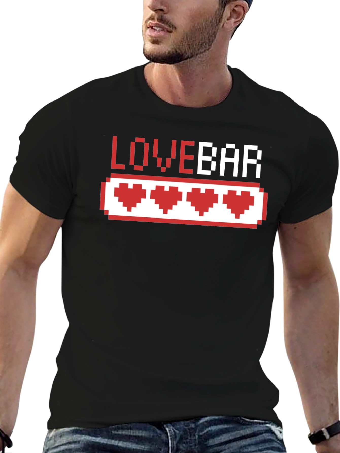 Black Love Bar Pixel Heart Gamer T-Shirt - Black Cotton Tee view 6