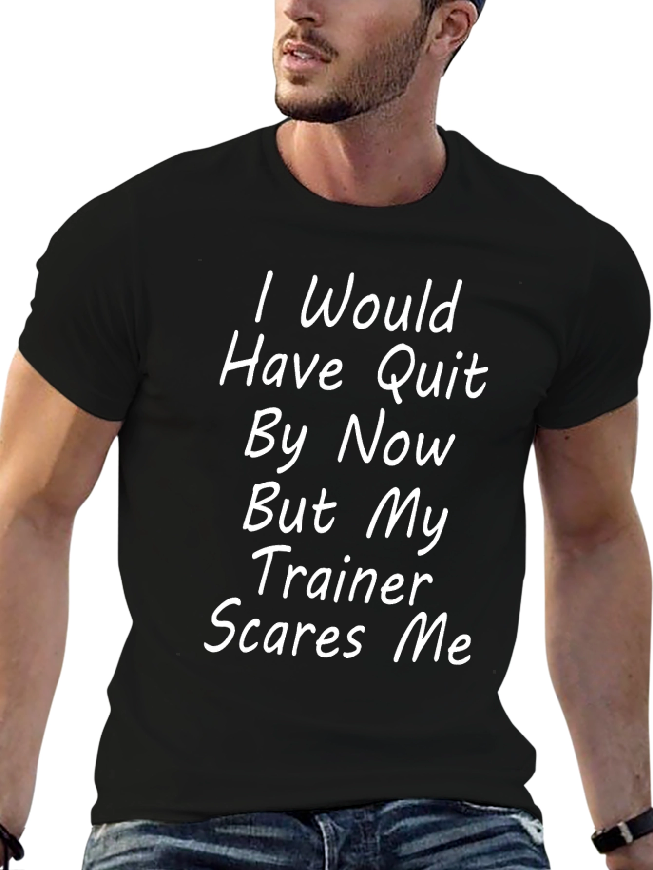 Black Funny Trainer T-Shirt: Scares Me Fitness Humor Tee view 6