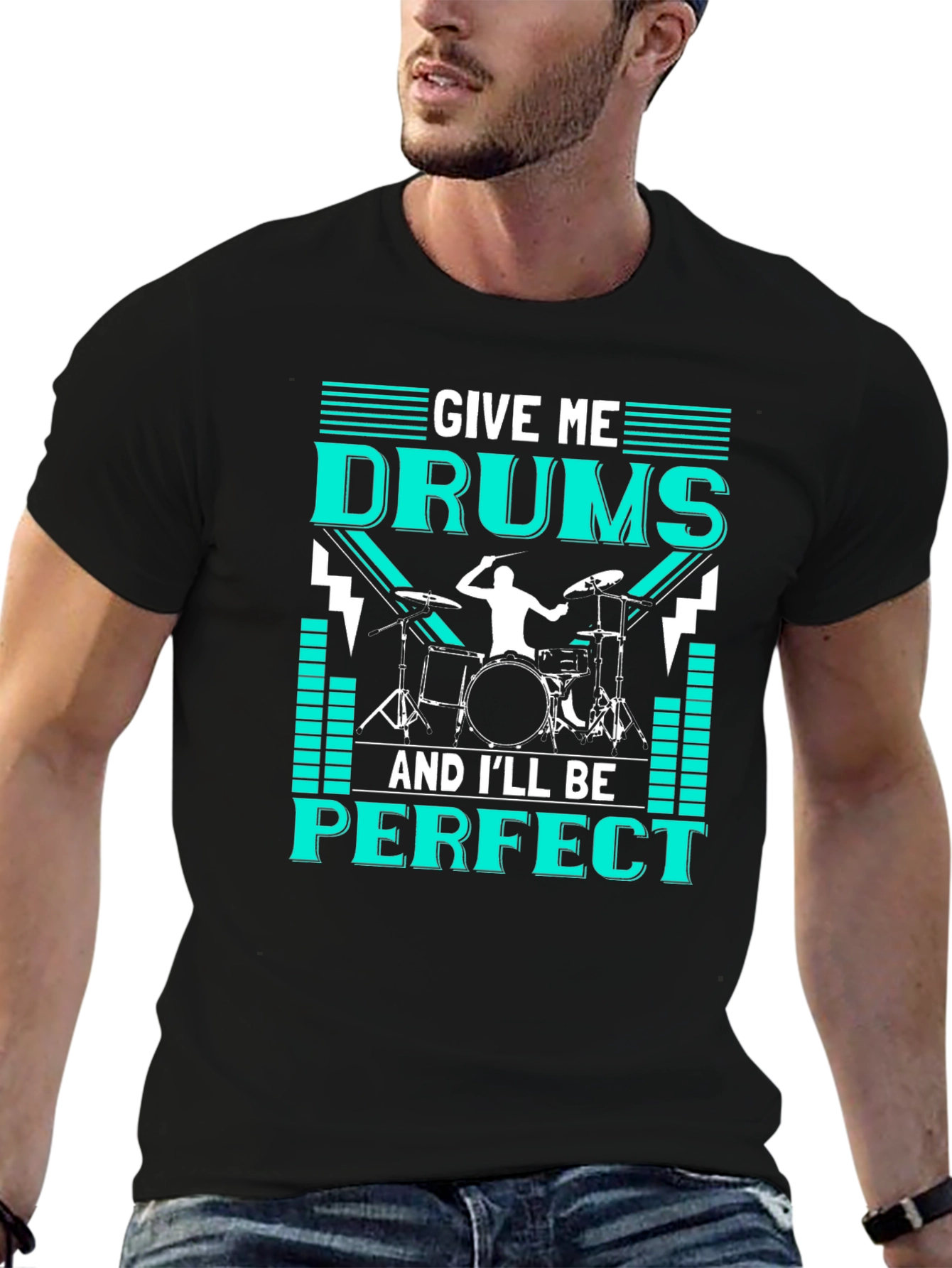 Black Drummer T-Shirt - Give Me Drums & I'll Be Perfect - Music Tee view 6