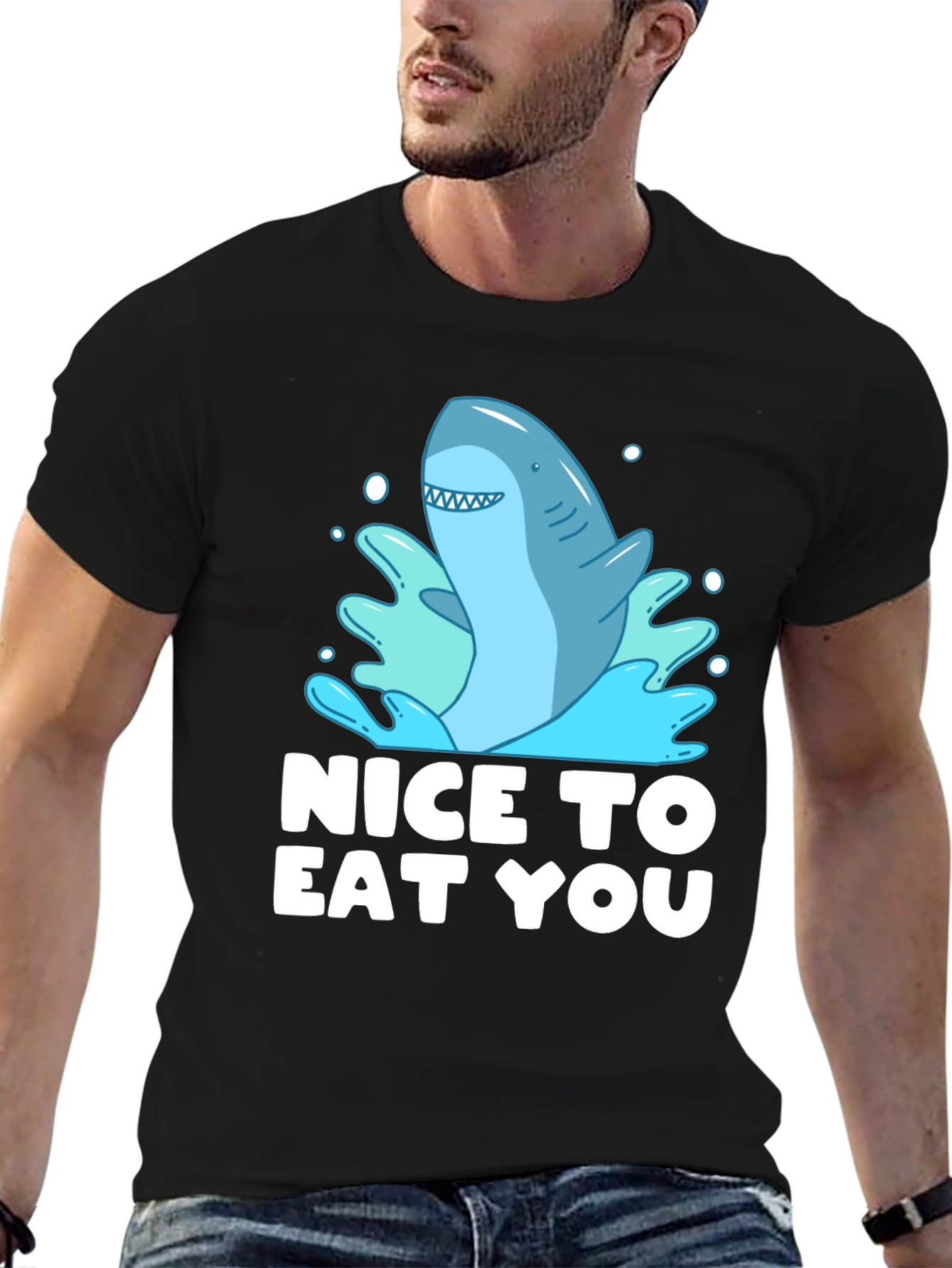 Black Funny Shark Graphic Tee - "Nice To Eat You" view 6