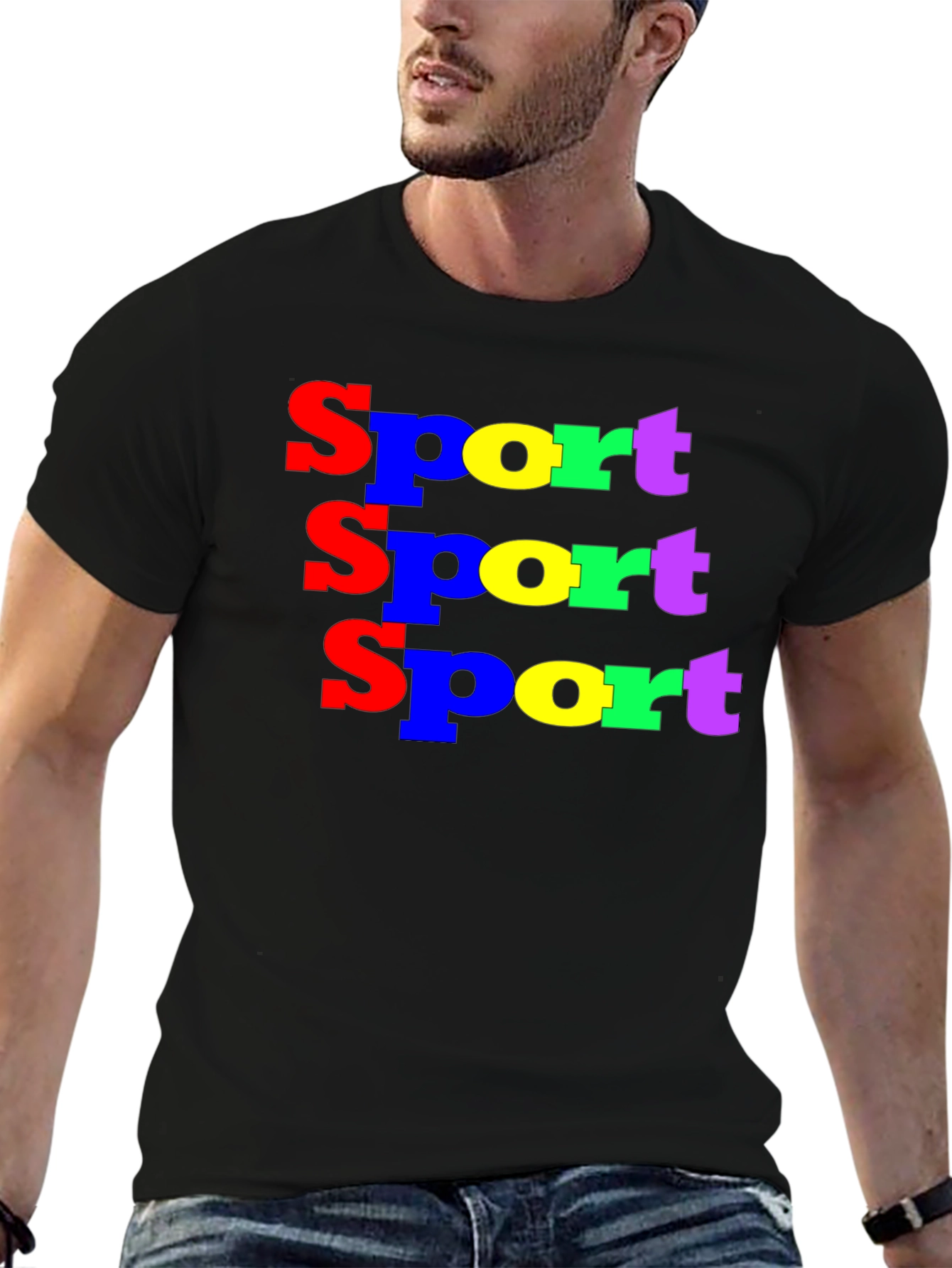 Black Colorful "Sport" Graphic Tee - Black Casual Shirt view 6
